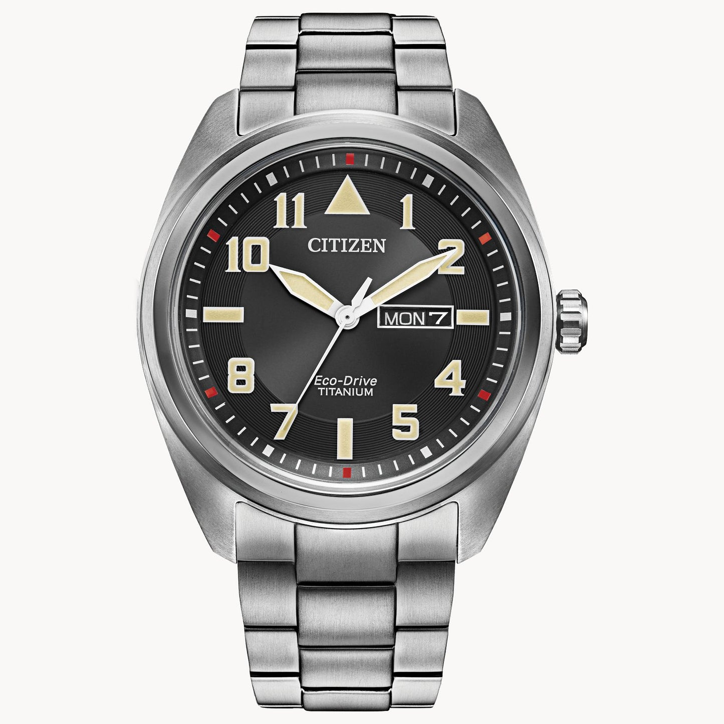 The Citizen Watch - Garrison Super Titanium - BM8560-53E features a black dial, silver markers, and silver metal band. With day-date display and luminous hands/markers, it combines style with practicality.