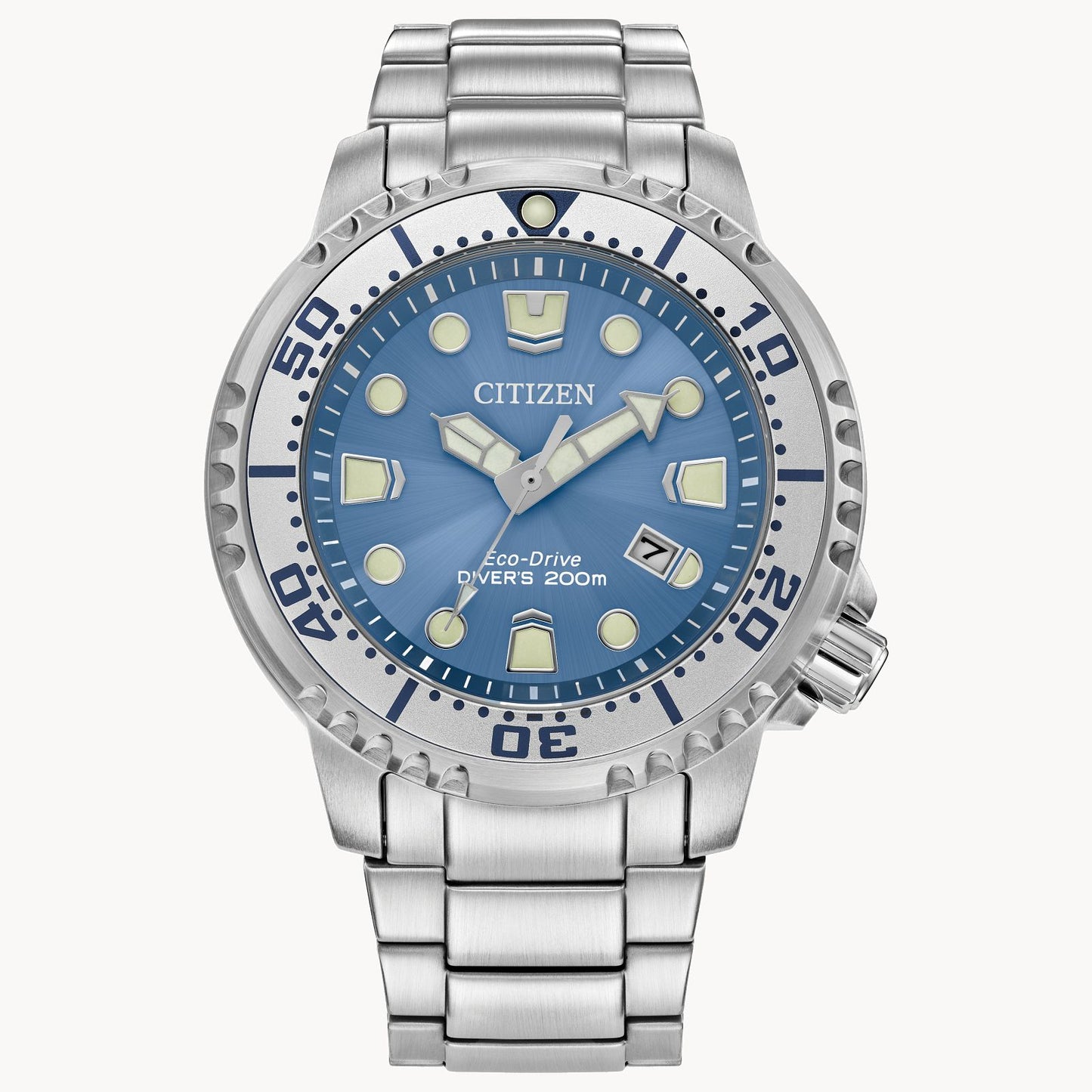 The Citizen Watch - Promaster Dive - BN0165-55L features a stainless steel case, blue dial, luminous markers, rotating bezel, and silver metal bracelet with “DIVER’S 200m” on the face—a reliable dive watch from Citizen.