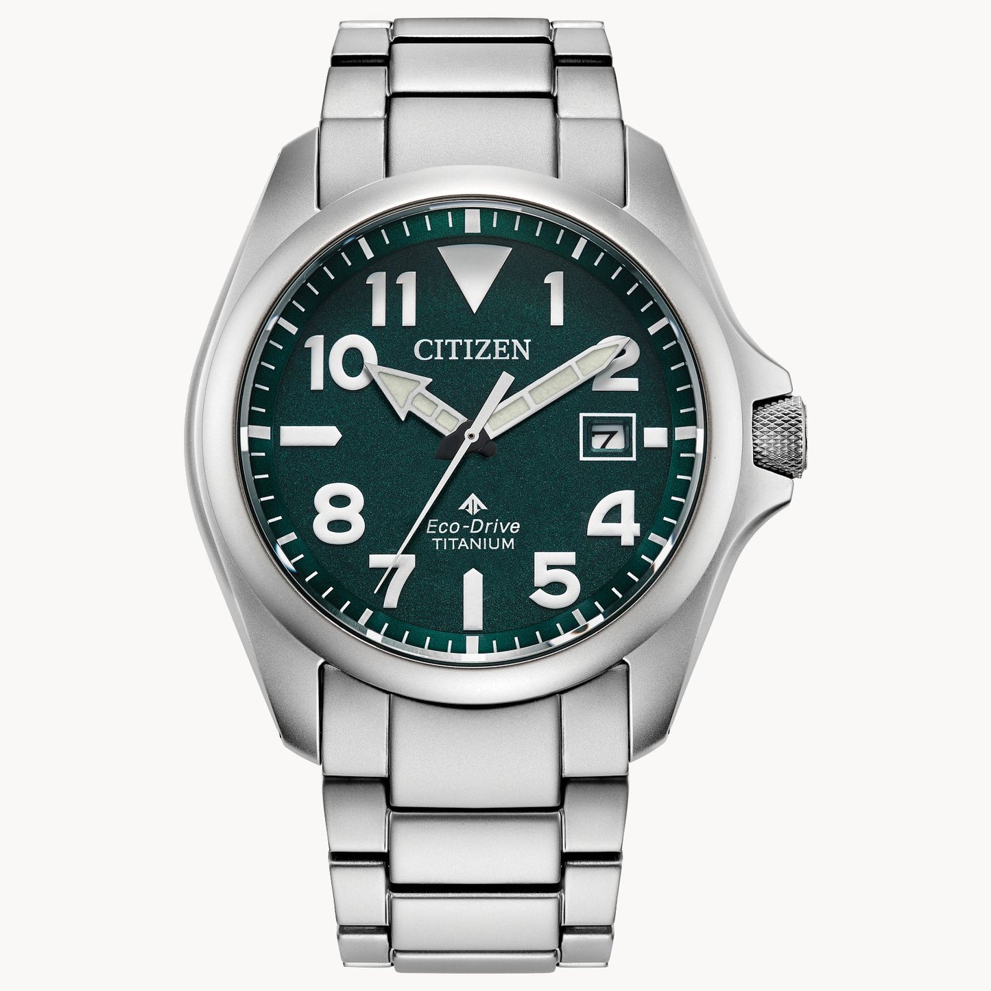 The Citizen Promaster Tough Super Titanium (BN0241-59W) wristwatch by Citizen features a green dial, bold white markers and hands, date window at 3 o’clock, and a robust Super Titanium metal link band.
