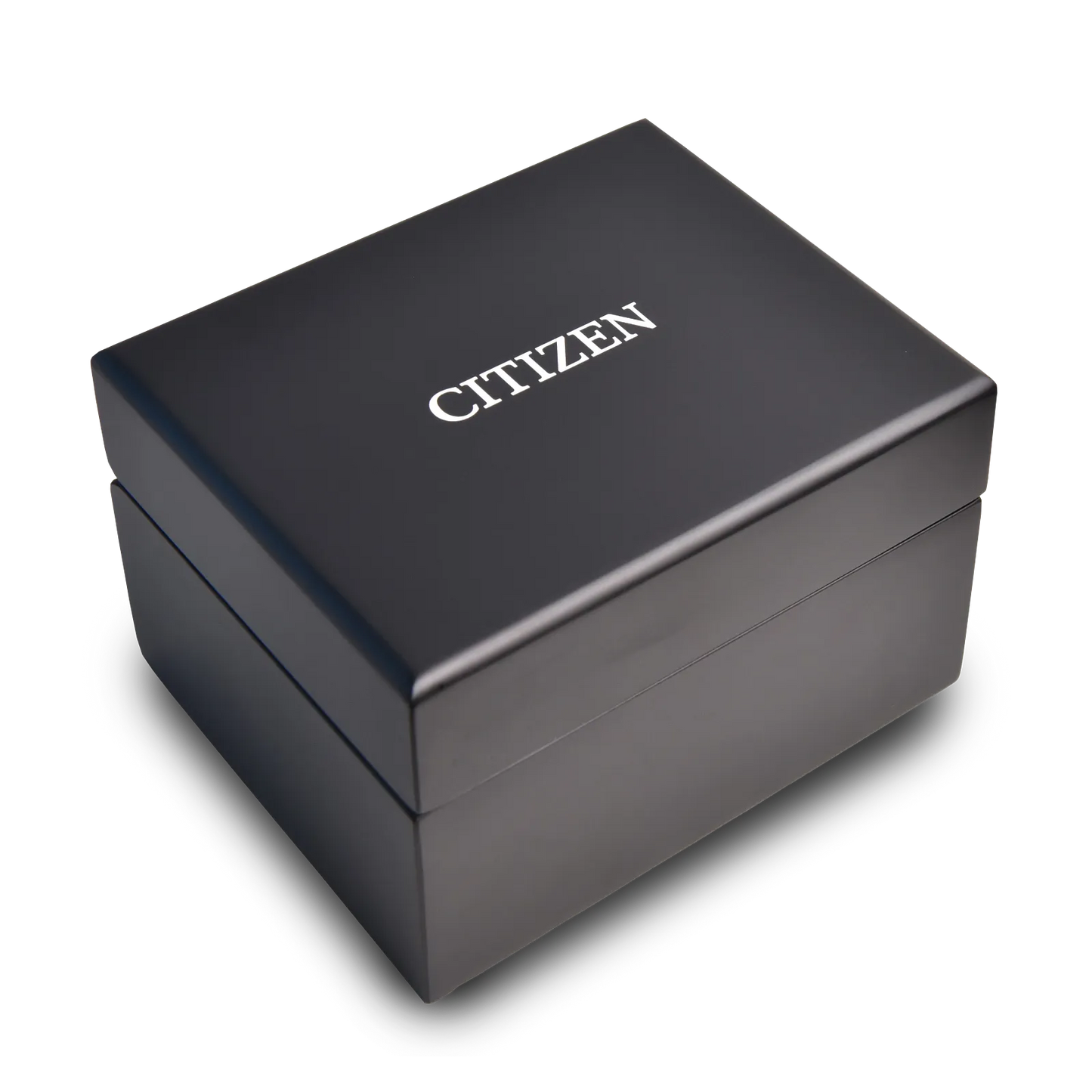 A black rectangular Citizen watch box with CITIZEN in white on the lid, ideal for gifting the Citizen Watch - ATTESA Brown Dial Super Titanium (CC4074-61W), displayed against a plain background.