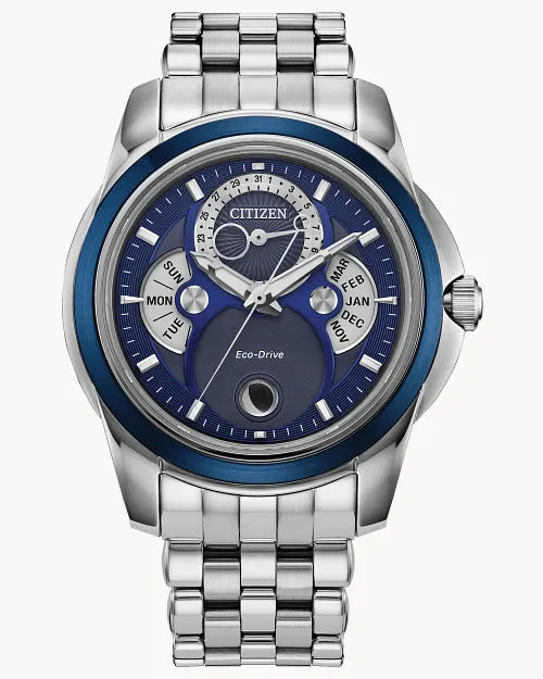 The Citizen Watch - Calendrier BU0088-51H is a silver mens Eco-Drive watch with a blue dial, analog display, day and month subdials, metal link band, and a prominent moonphase indicator at the top.