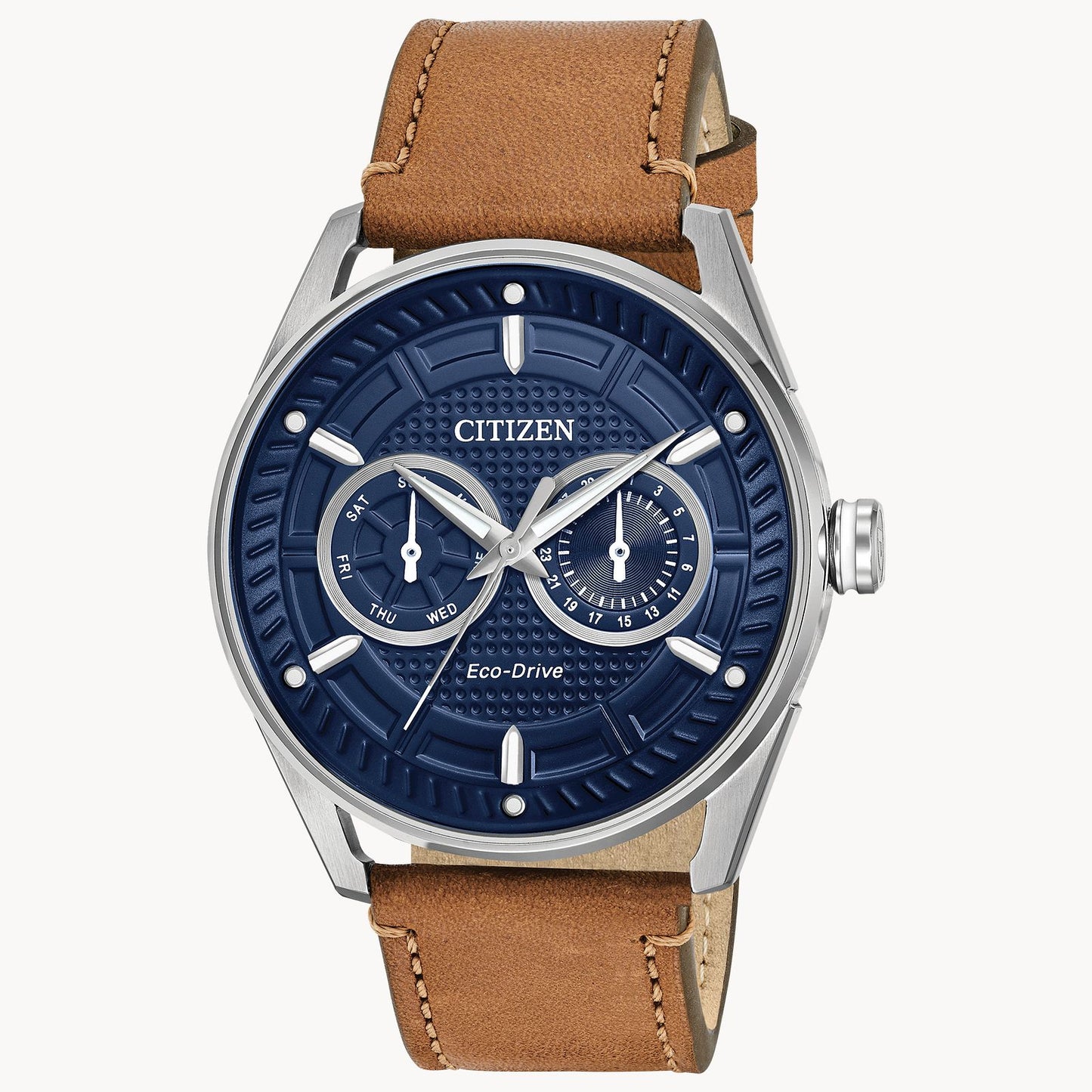 The Citizen Watch - Sport Casual - BU4020-01L features a blue dial with two subdials, silver markers and hands, a stainless steel case, brown leather strap, and displays the Citizen and Eco-Drive branding on its face.