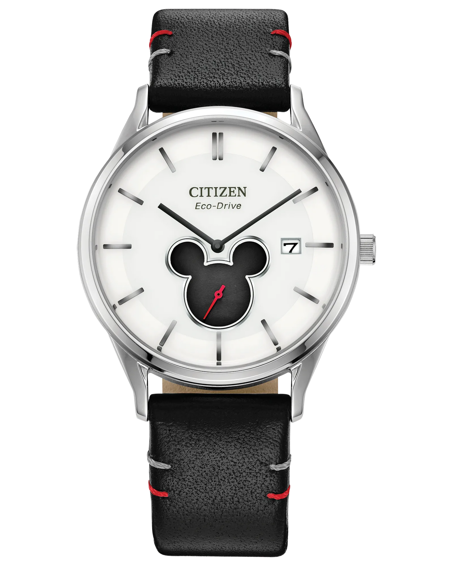 The Citizen Watch - Mickey Shadow (BV1130-03W) by Citizen is a unisex Eco-Drive watch featuring a black leather strap, white dial with black Mickey Mouse silhouette, silver hour markers, and a date display at 3 o’clock.
