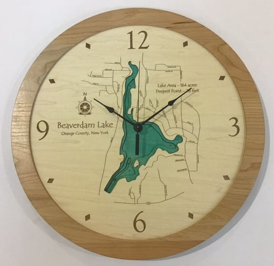 The Lake Art Lake Clock - Beaverdam Lake is a custom wooden wall clock featuring a detailed map of Beaverdam Lake, NY, with labeled area, depth, and roads. This unique New York lake clock displays the time as 3:55.