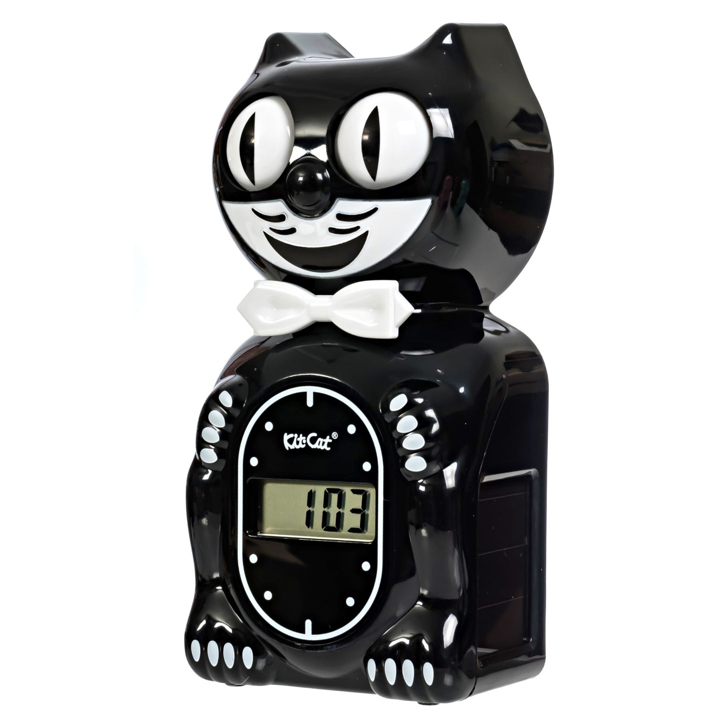 The Kit-Cat Klock - Black Solar Digital Alarm Clock (SKC-1) by California Clocks features retro cat design, moving eyes, a white bow tie, and a digital display on its belly—perfect for adding vintage charm to any room.
