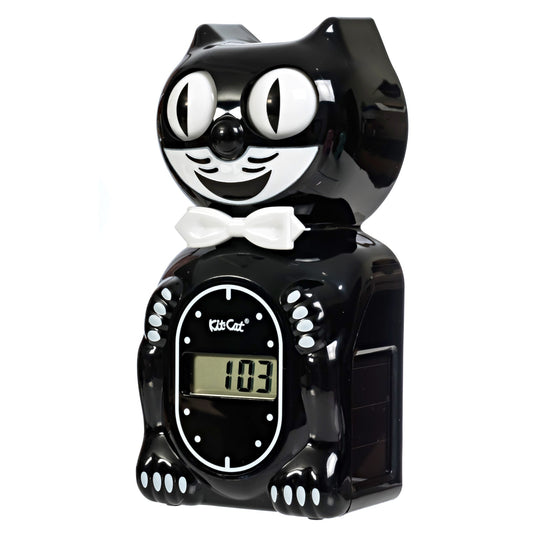 The Kit-Cat Klock - Black Solar Digital Alarm Clock (SKC-1) by California Clocks features retro cat design, moving eyes, a white bow tie, and a digital display on its belly—perfect for adding vintage charm to any room.