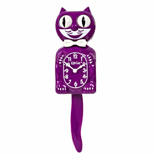 The Kit-Cat Klock - Boysenberry Gentleman (BC-49) by California Clocks is a purple cat-shaped wall clock featuring a white bow tie, large moving eyes, a swinging tail, and a clock face with white numbers and hands on its body.