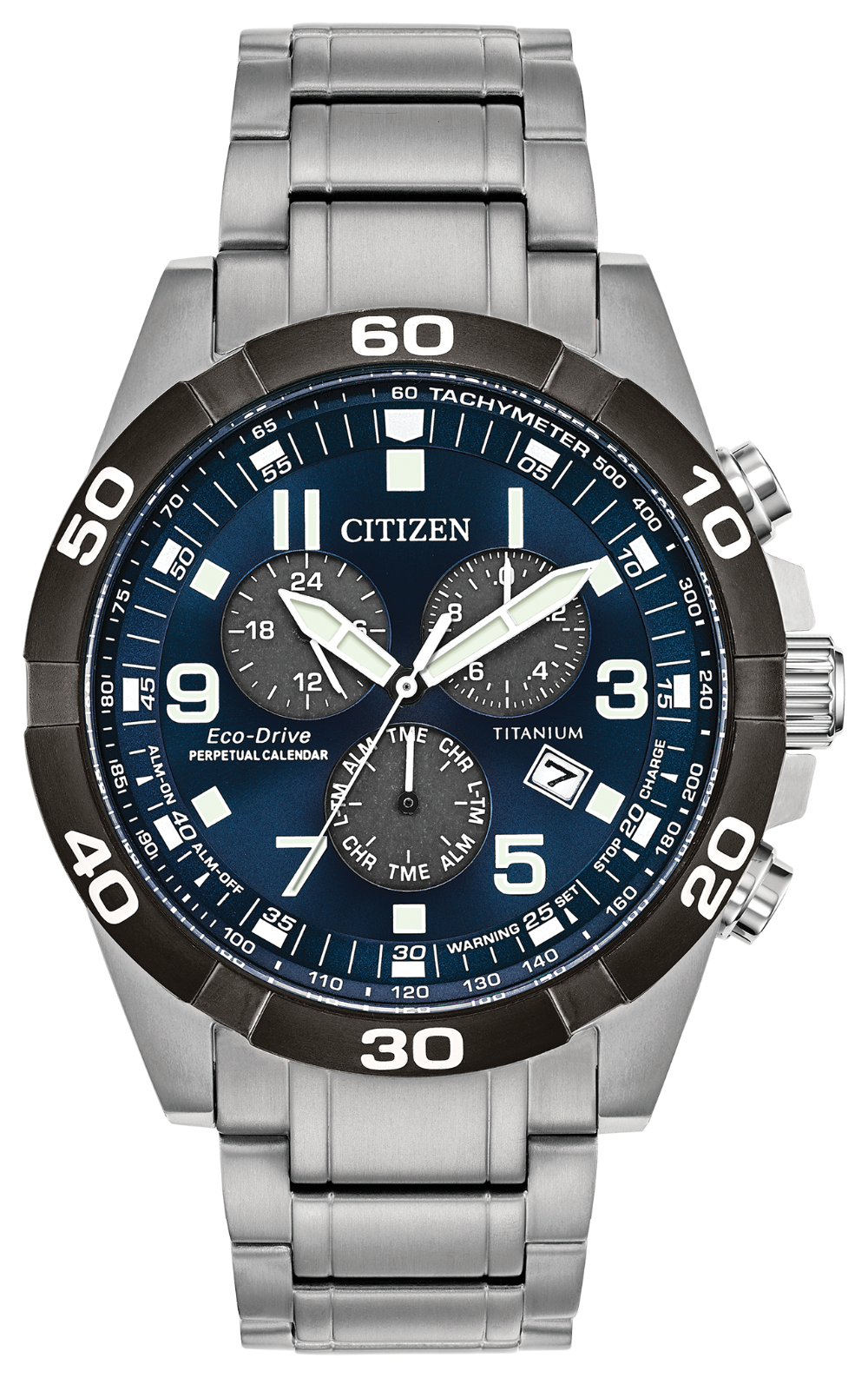 The Citizen Brycen BL5558-58L men's titanium watch features a blue dial with three subdials, date window, tachymeter bezel, and a silver bracelet—showcasing advanced timekeeping and durable style.