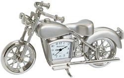 The Sanis Enterprises Mini Clock – Motorcycle Silver (C263SIL) features a sleek design with a clock embedded in the body, blending style and function for any desk.