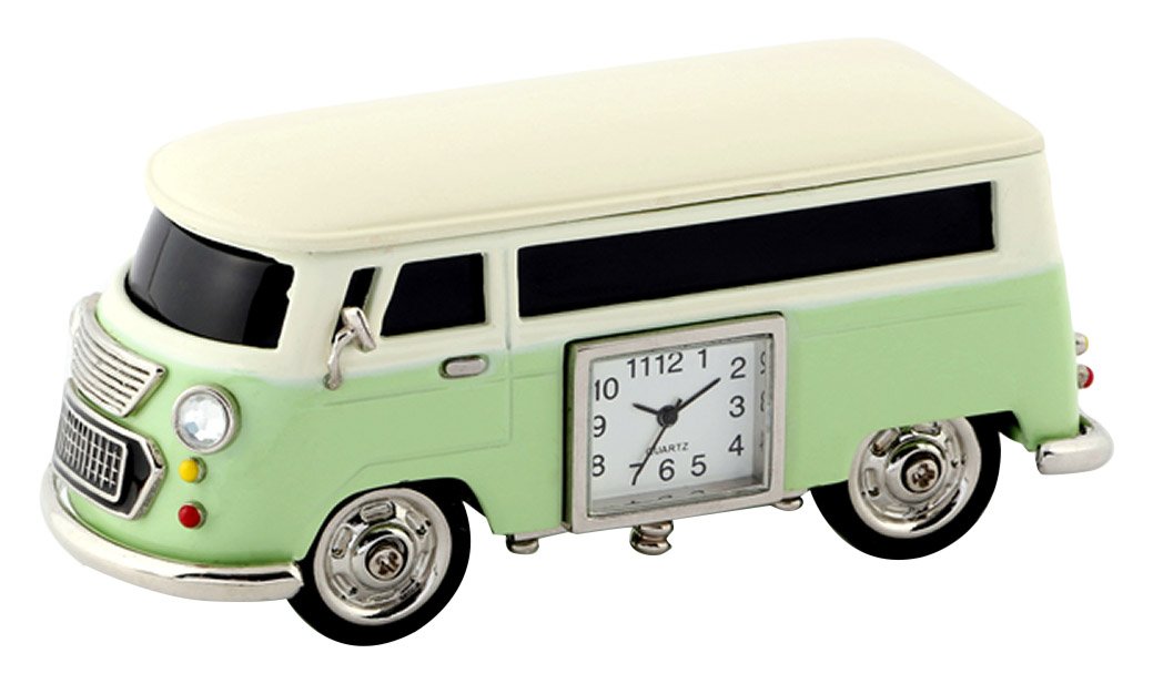 The Tokyobay Mini Clock - Bus Green (C3159KP238LGR) is a small retro-style analog clock shaped like a vintage green and white bus, featuring detailed wheels, headlights, black numbers, and classic trim.