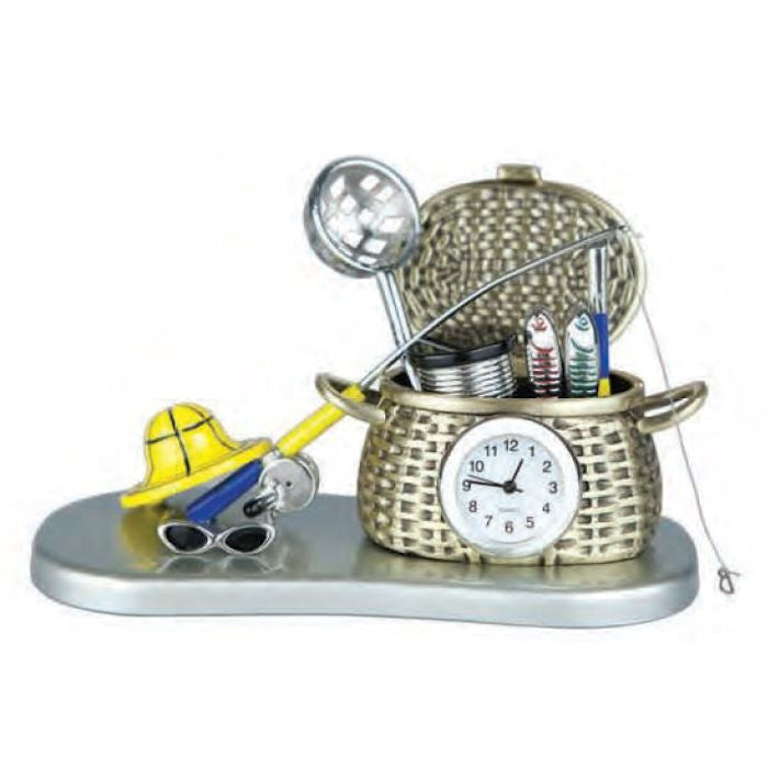 The Sanis Enterprises Sanis Mini Clock - Fishing Basket (C3330) features a fishing basket filled with gear, fish, cans, and a rod. A yellow hat and sunglasses beside the basket add a playful touch.