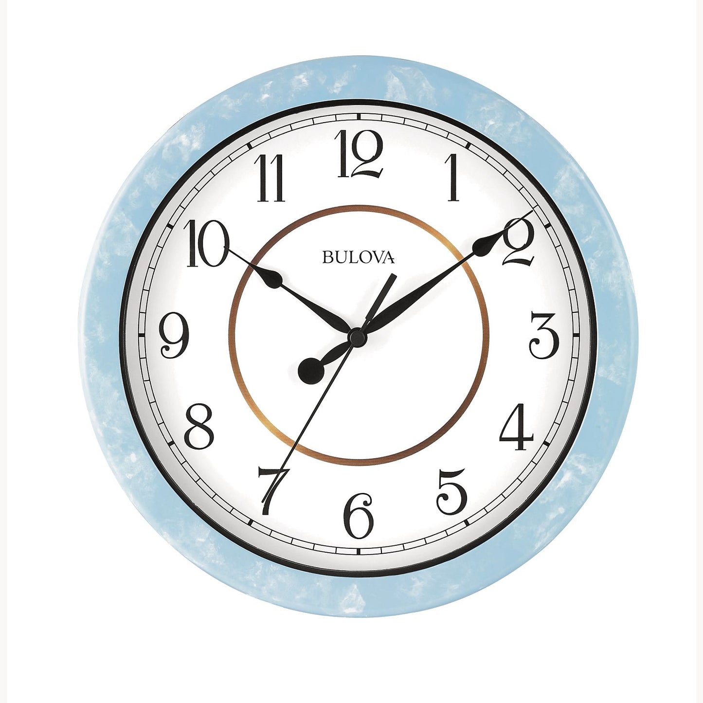 The Bulova Clock - Skylark (C4884) is a round wall clock with a light blue marble-patterned frame, silent sweep seconds hand, black numerals and hands, and shows 2:50:35. The Bulova brand is printed on the white face.