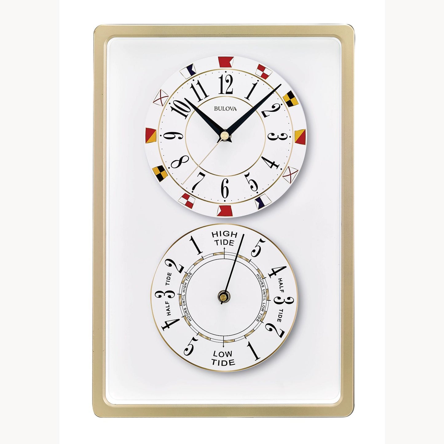 The Bulova Clock Regatta-tide time (C4890) is a rectangular nautical clock with a gold frame, featuring an upper time dial with nautical flags and black hands, and a lower tide clock showing high and low tides.