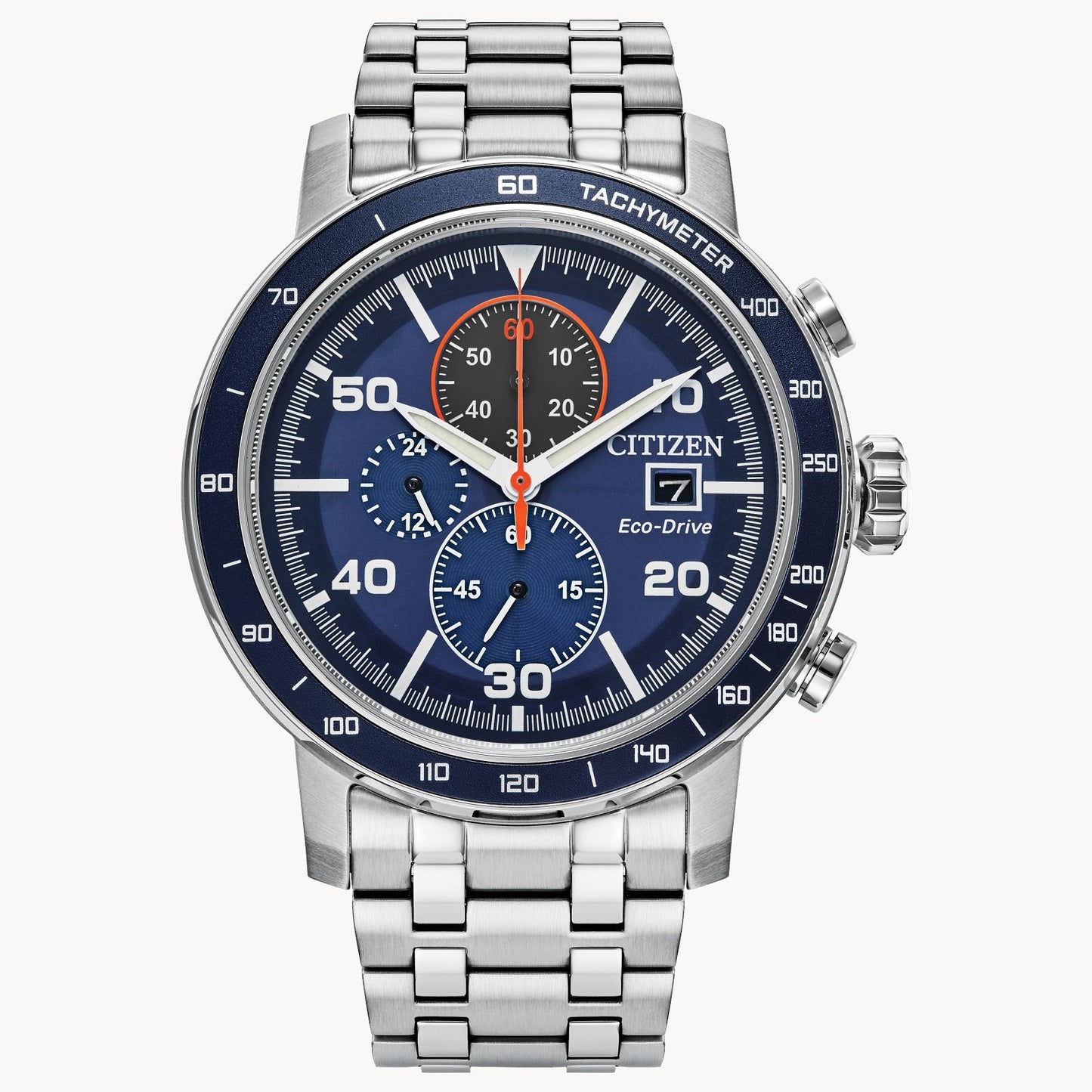 The Citizen Brycen (CA0850-59L) solar chronograph features a blue dial, silver stainless steel band, three subdials, date display, tachymeter bezel, and white hands with orange-accented subdials for added style.