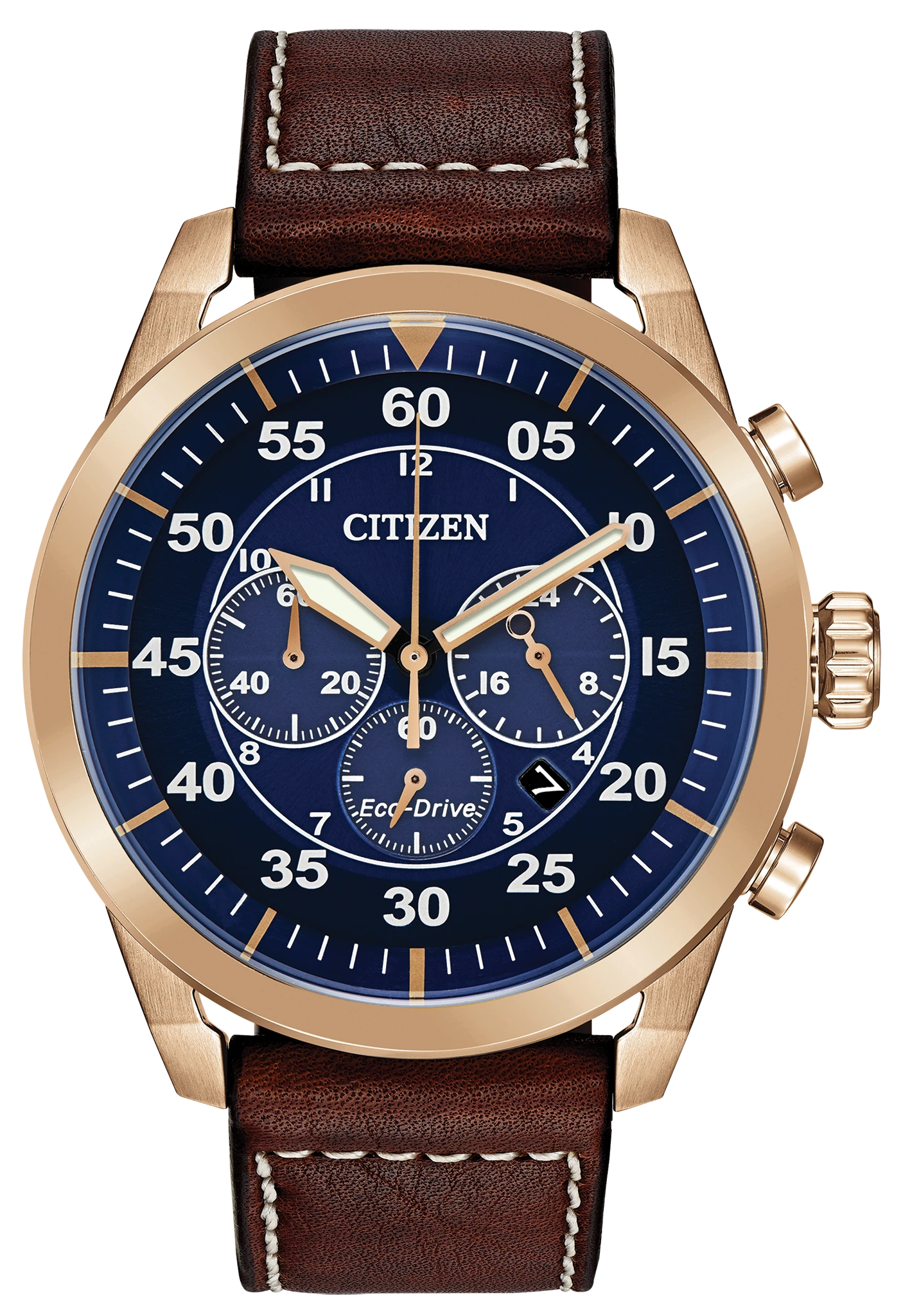 The Citizen Watch - Avion - CA4213-18L features Eco-Drive technology, a gold-tone case, blue dial with white numerals and subdials, gold-colored hands, and a brown leather strap with white stitching.