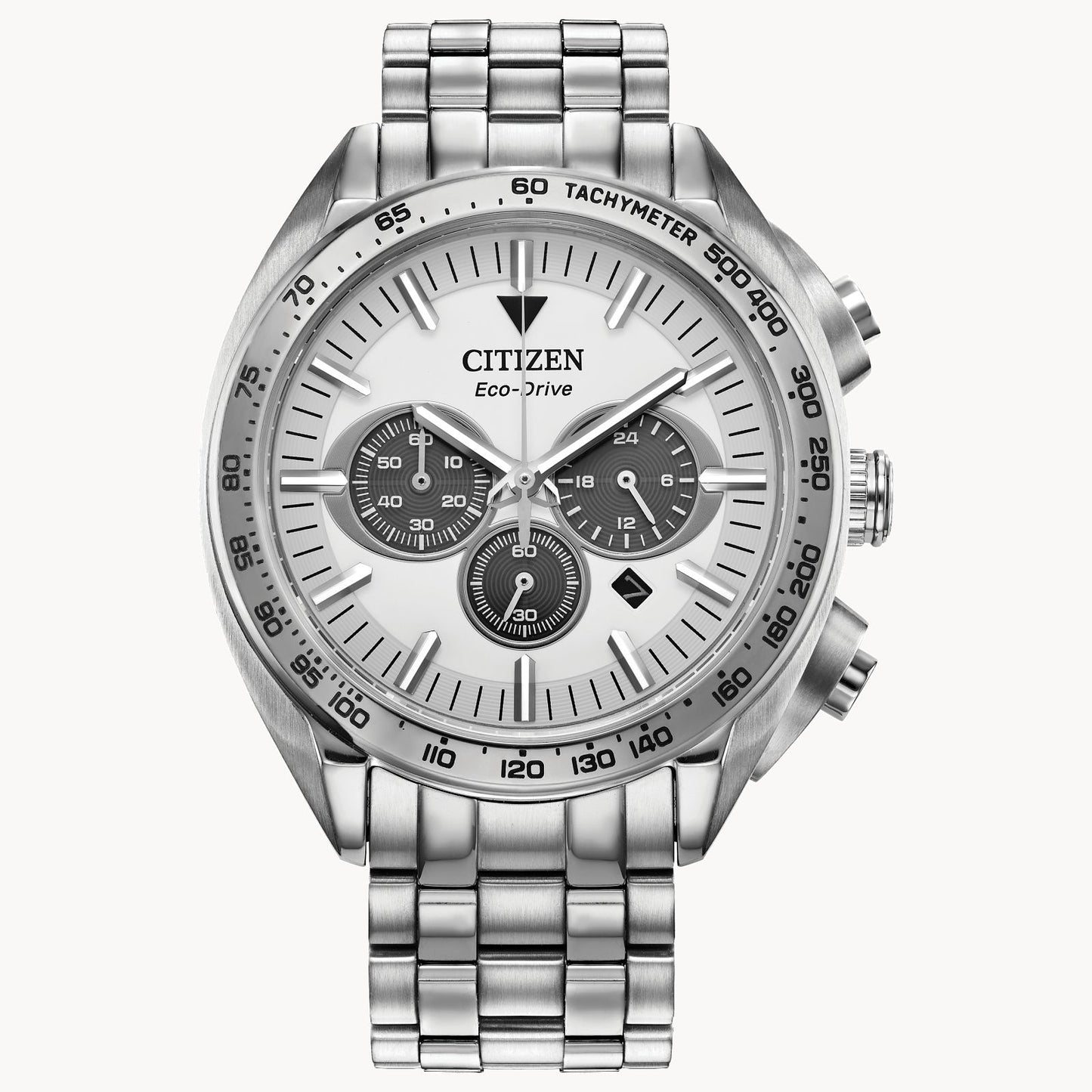 The Citizen Carson (CA4540-54A) men’s sport luxury watch features a silver stainless steel chronograph bracelet, white dial, three subdials, date window, and tachymeter bezel.