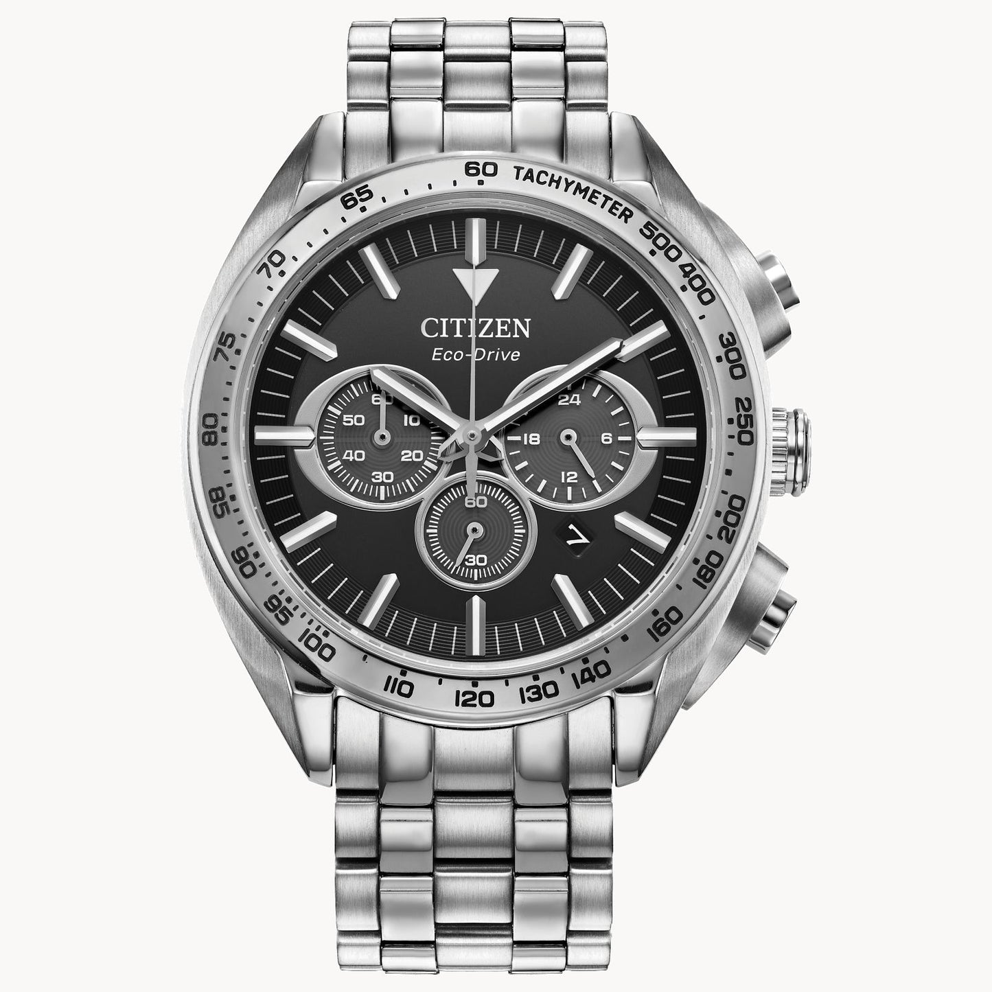 The Citizen Watch - Carson (CA4540-54E) by Citizen showcases a silver stainless steel bracelet and a black dial with multiple sub-dials, elegantly set against a white background.