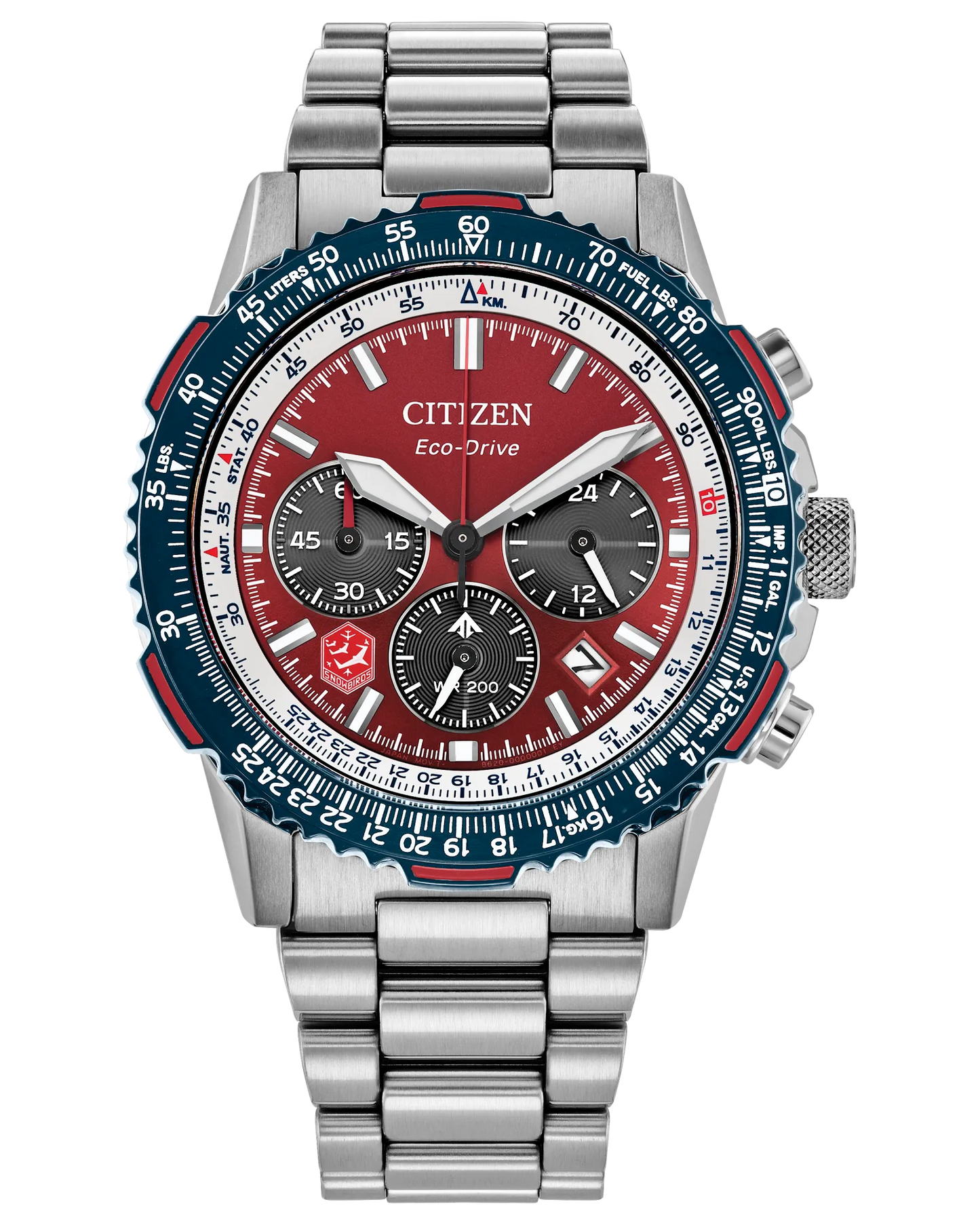 The Citizen Snowbirds Promaster Navihawk (CA4668-51X) is a stainless steel chronograph with a red dial, blue bezel, silver hour markers, date window, multiple subdials, and metal bracelet, inspired by the Royal Canadian Air Force.