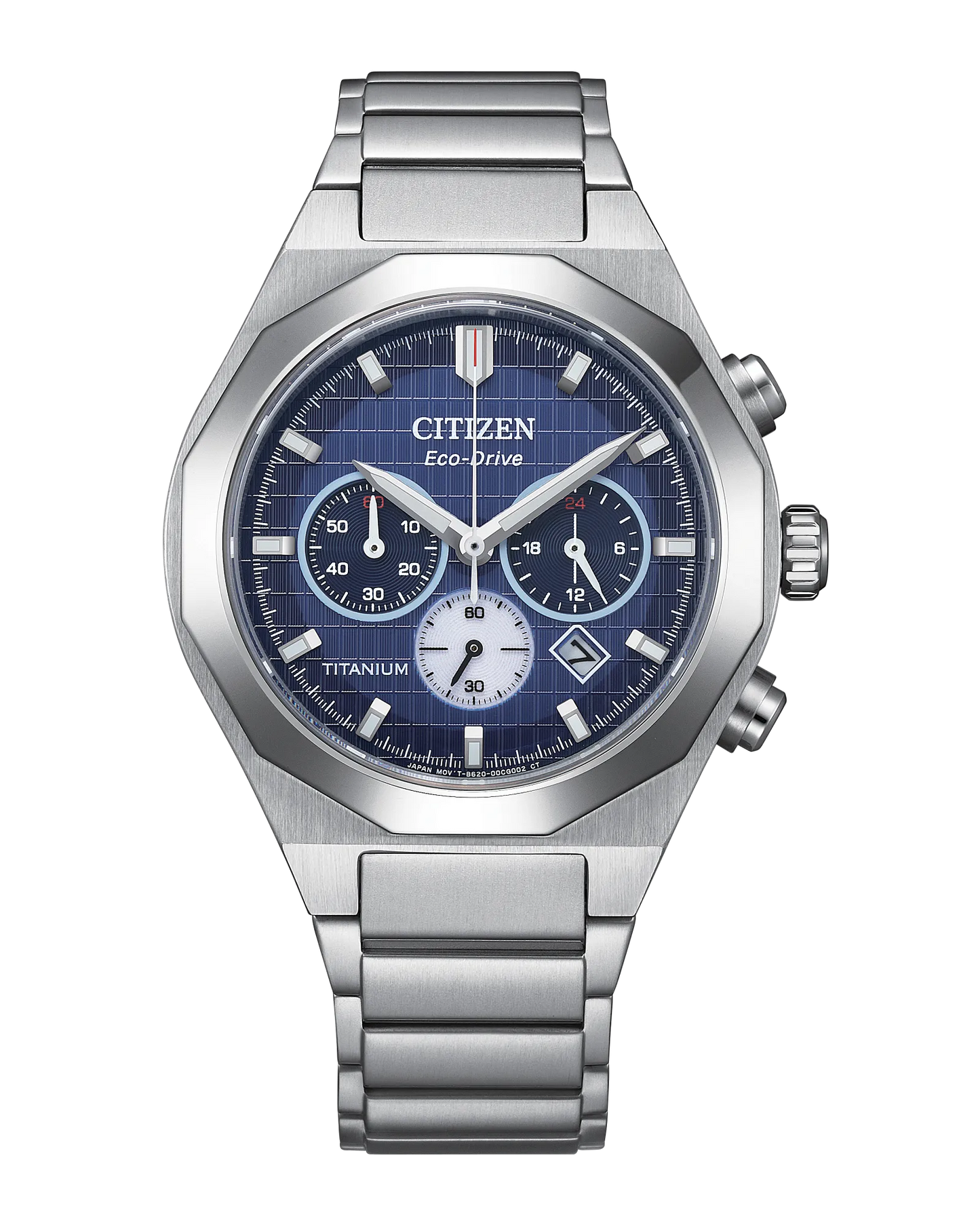 The Citizen Watch - Zenshin Senkei Super Titanium (CA4691-59L) features a silver Super Titanium case, blue textured dial with three subdials, date window, stainless steel bracelet, angular bezel, and two side pushers.