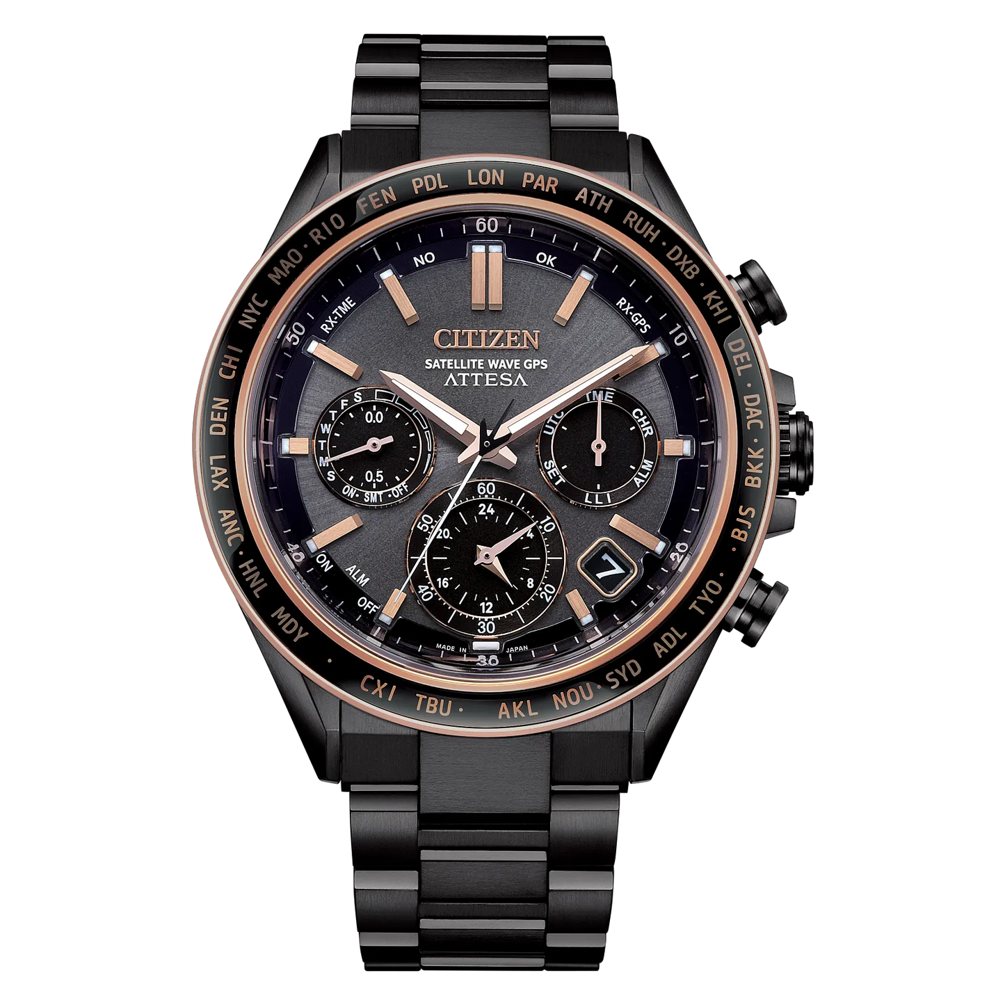 Citizen ATTESA CC4074-61W by Citizen: A Super Titanium chronograph watch with a brown dial, rose gold accents, multiple subdials, date display, GPS function, and a bezel with city abbreviations for world time zones.