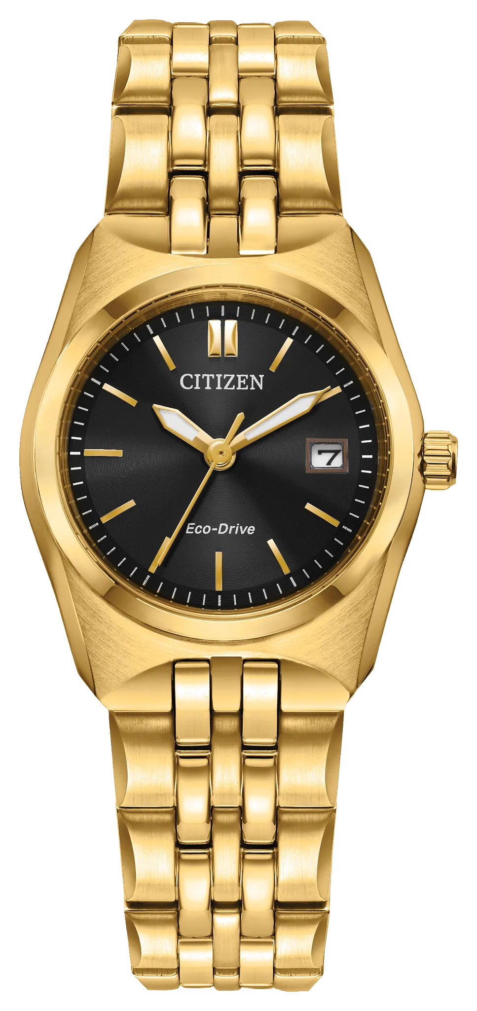 The Citizen Watch - Ladies' Corso (EW2293-56E) features a gold-tone stainless steel case, black dial with gold markers and hands, date display at 3 o’clock, and a chic gold metal link band.