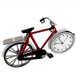 The Sanis Enterprises Mini Clock - Red & White Bicycle (CK1203) features a unique design with a front wheel that functions as an analog mini clock, blending bicycle charm and timekeeping in one.