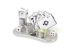 The Sanis Enterprises Sanis Mini Clock - Poker (CK320) features playing cards, poker chips, a mini clock, and dice arranged on a silver tray, evoking a stylish casino theme.