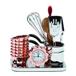 The Sanis Mini Clock - Kitchen Tools (CK503) by Sanis Enterprises is a decorative clock with pink measuring cups and classic kitchen tools on a metallic base—perfect for your kitchen.