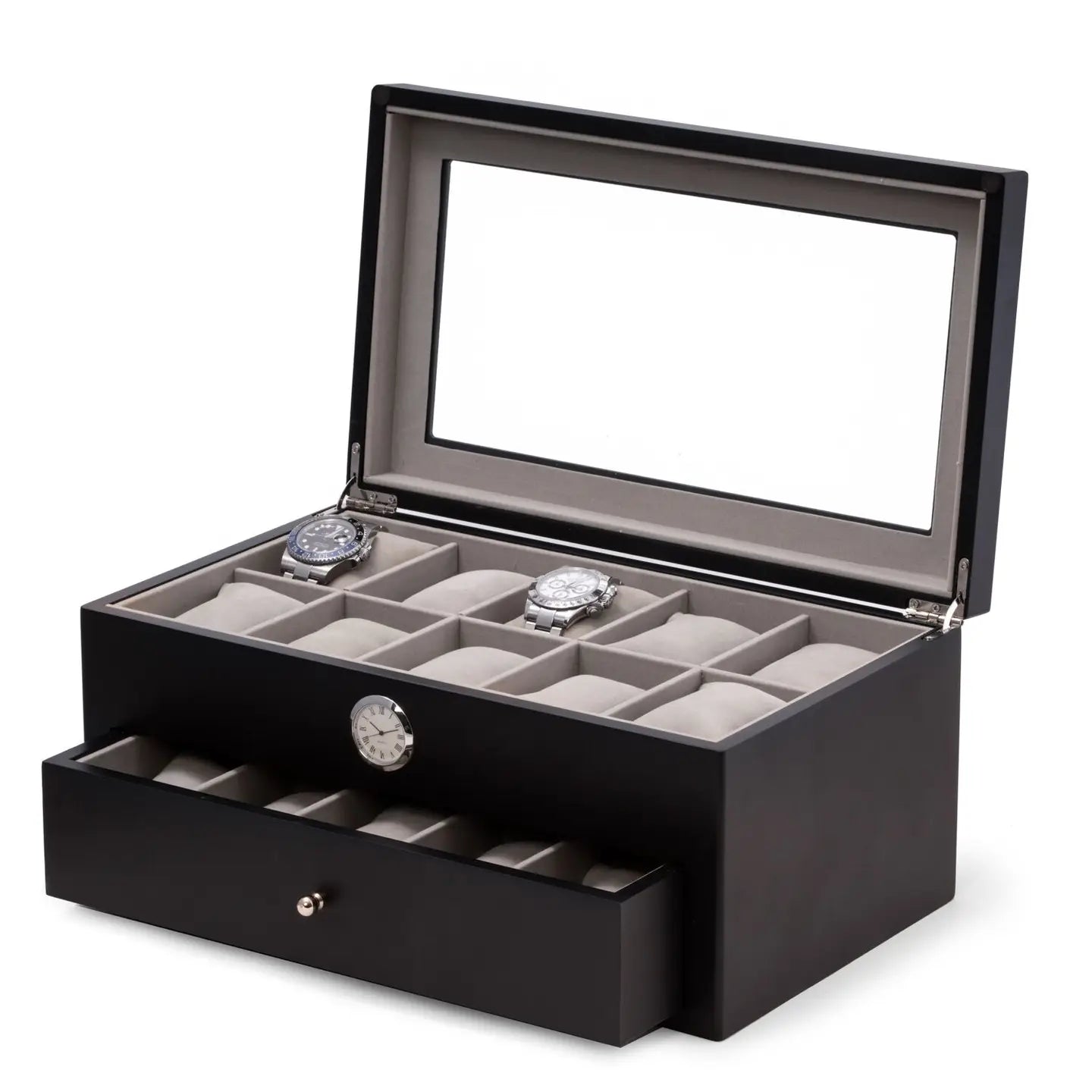 The Bey-berk Watch Box - Black 20 Watch Box with Clock (CM640BLK) features a glass lid, lower drawer, built-in clock on the front, and cushioned slots to display up to 20 watches. Two wristwatches are shown inside for display.