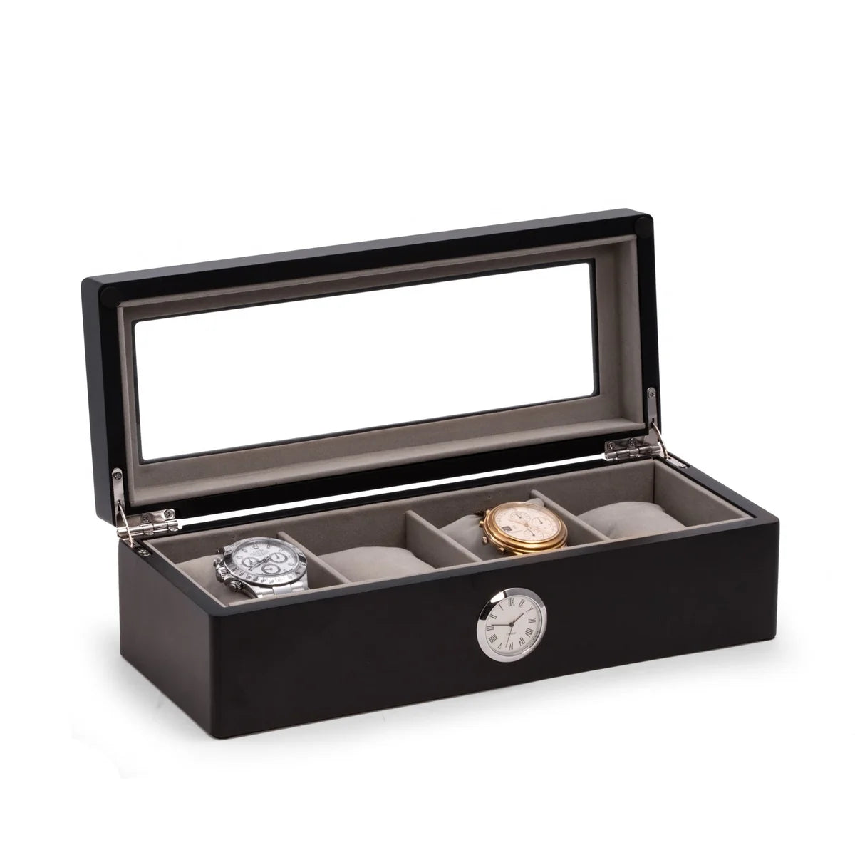 BeyBerk Watch Box - Black Four Watch Box - CM659BLK, a black wooden watch box with a glass lid and four internal compartments, holding two watches.