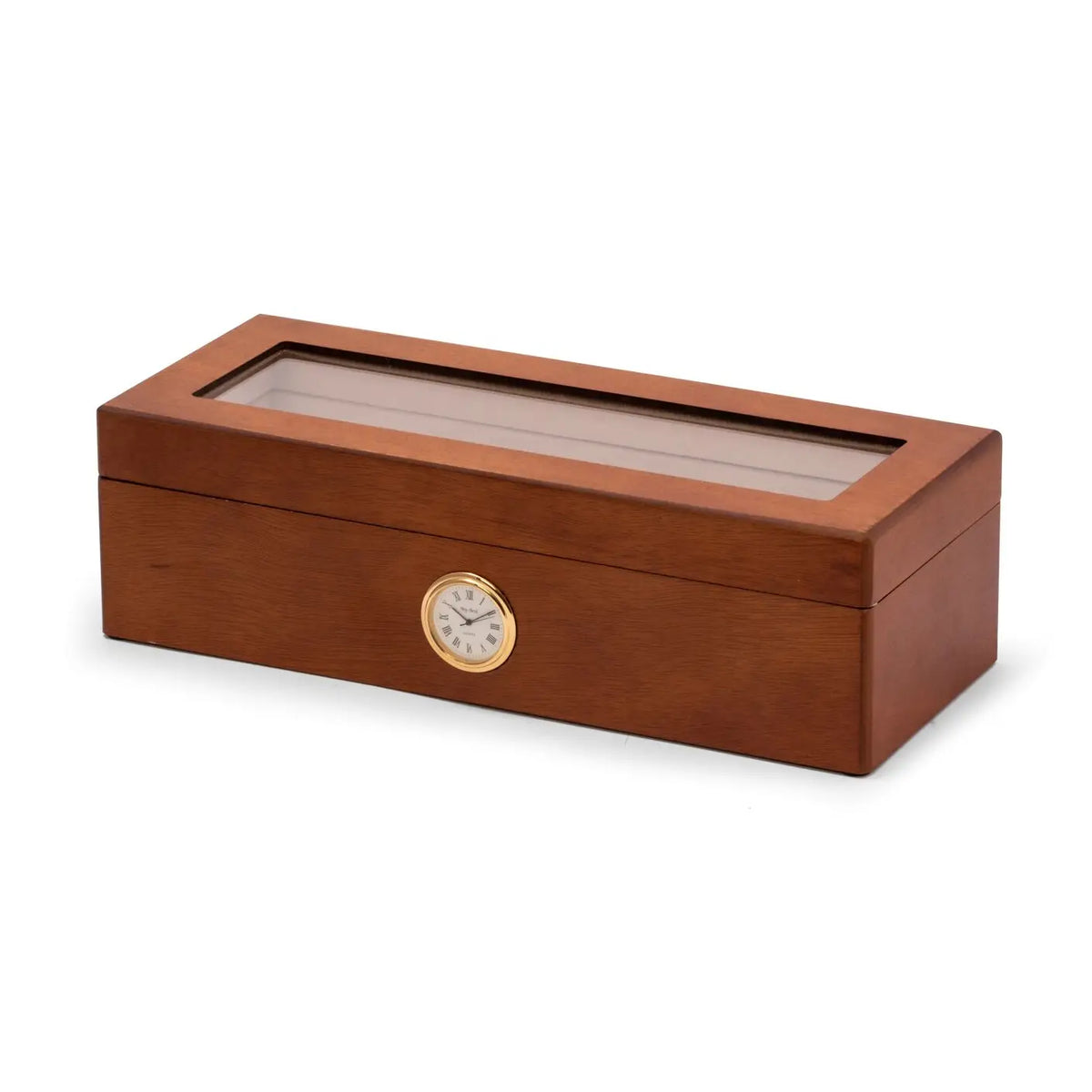 The BeyBerk CM659BRW is a rectangular cherry wood watch box with a glass top, displaying the rich grain. It holds four watches and features a small round quartz clock with an elegant gold-colored rim set in the front.