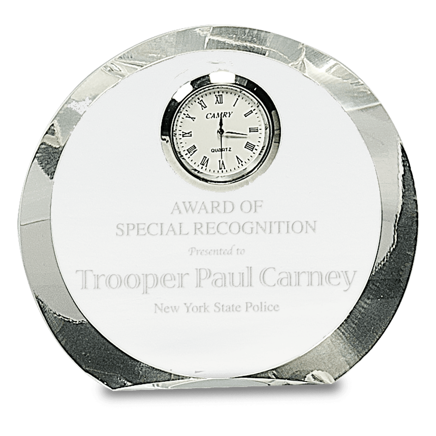 The JDS Crystal Mini Clock (CRY169) is a silver and glass award plaque featuring a round crystal clock, engraved with "Award of Special Recognition presented to Trooper Paul Carney, New York State Police.