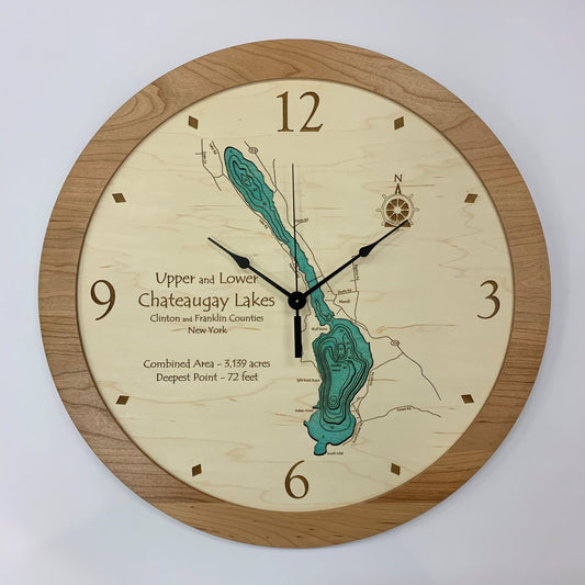 The Lake Art Lake Clock - Chateaugay Lakes NY Lake Map Clock displays a detailed map of Upper and Lower Chateaugay Lakes with outlines, depth contours, and key labels. The clock face shows the time at 10:08.