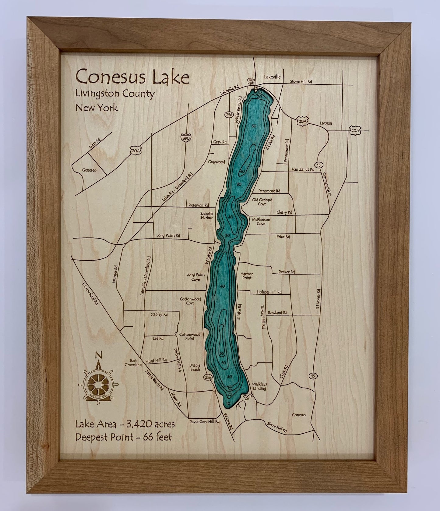 Lake Map - Conesus Lake - Laser Carved Wooden Relief Map - 11" x 14" - New York