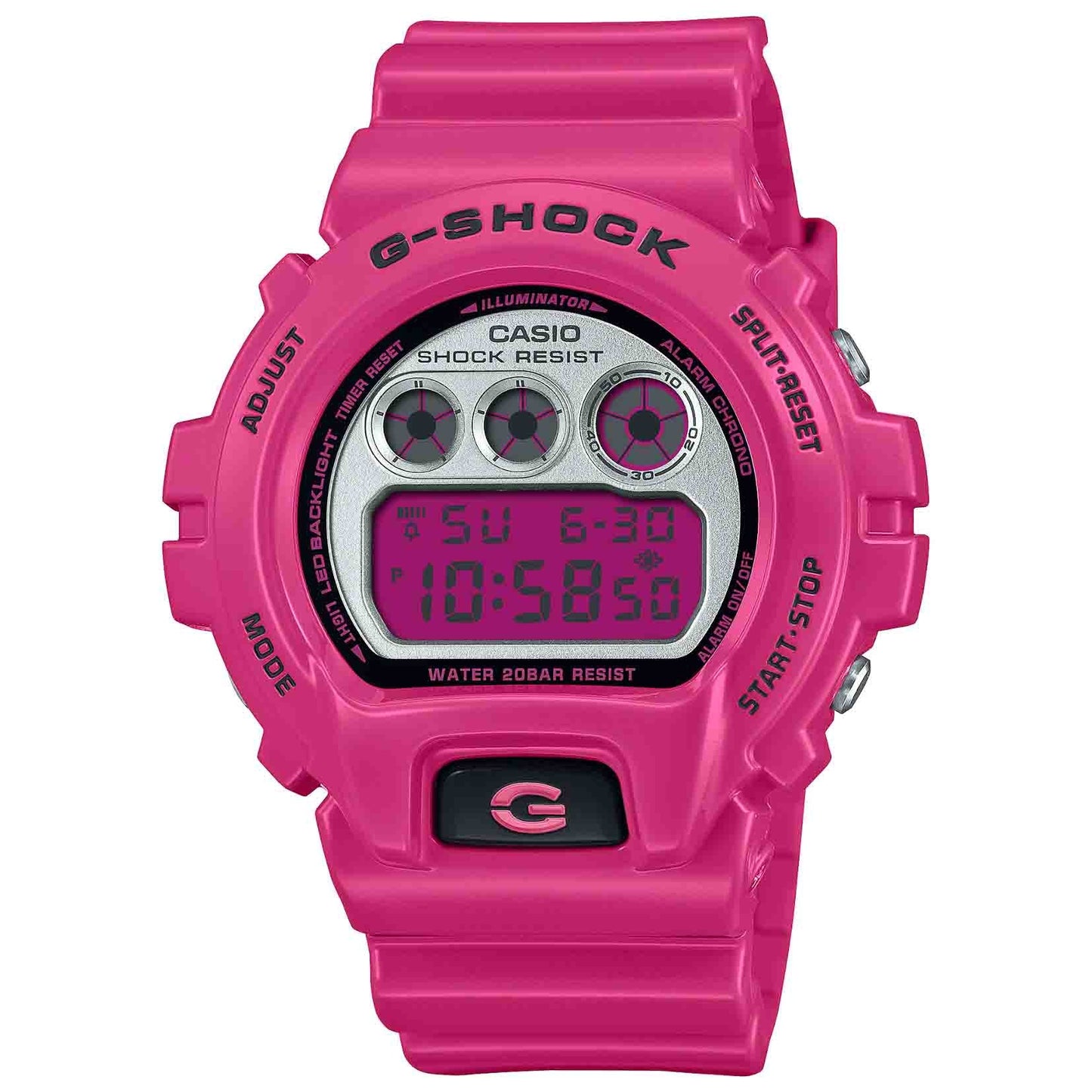 The Casio G-Shock Watch DW6900RCS-4 by VLC Distribution Co. has a bright pink round face, four buttons, a durable resin strap, and displays time 10:58:50 and date SU 6-30.