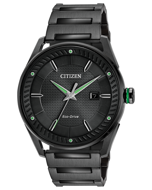 The Citizen Watch - Drive BM6985-55E for men features a black ion-plated stainless steel band, black textured dial with silver hands, green accents, date at 3 o’clock, and a green crown ring—a sleek modern style perfect for any occasion.