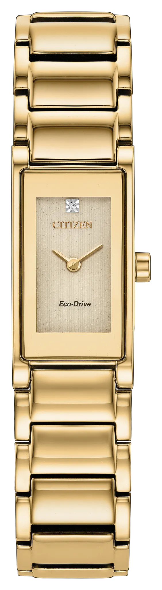 Introducing the Citizen Watch - Ladies' Axiom (EG7052-59P) by Citizen: a gold-tone rectangular Eco-Drive timepiece with a linked bracelet, minimalist dial, and a single diamond accent at 12 o’clock. This elegant ladies’ watch showcases gold-tone hour and minute hands for a truly timeless appeal.