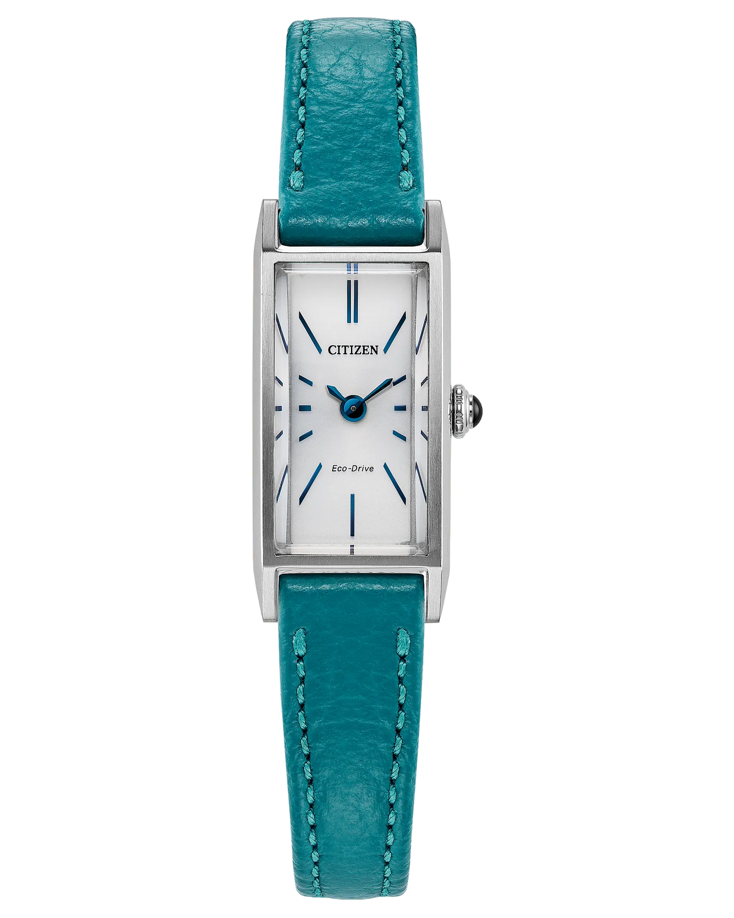 The Citizen Watch - Fio - EG7120-00A is a women’s rectangular silver-tone Eco-Drive watch with a white face, blue markers and hands, silver case, and teal leather strap. This Citizen timepiece has a minimalist dial without numbers.