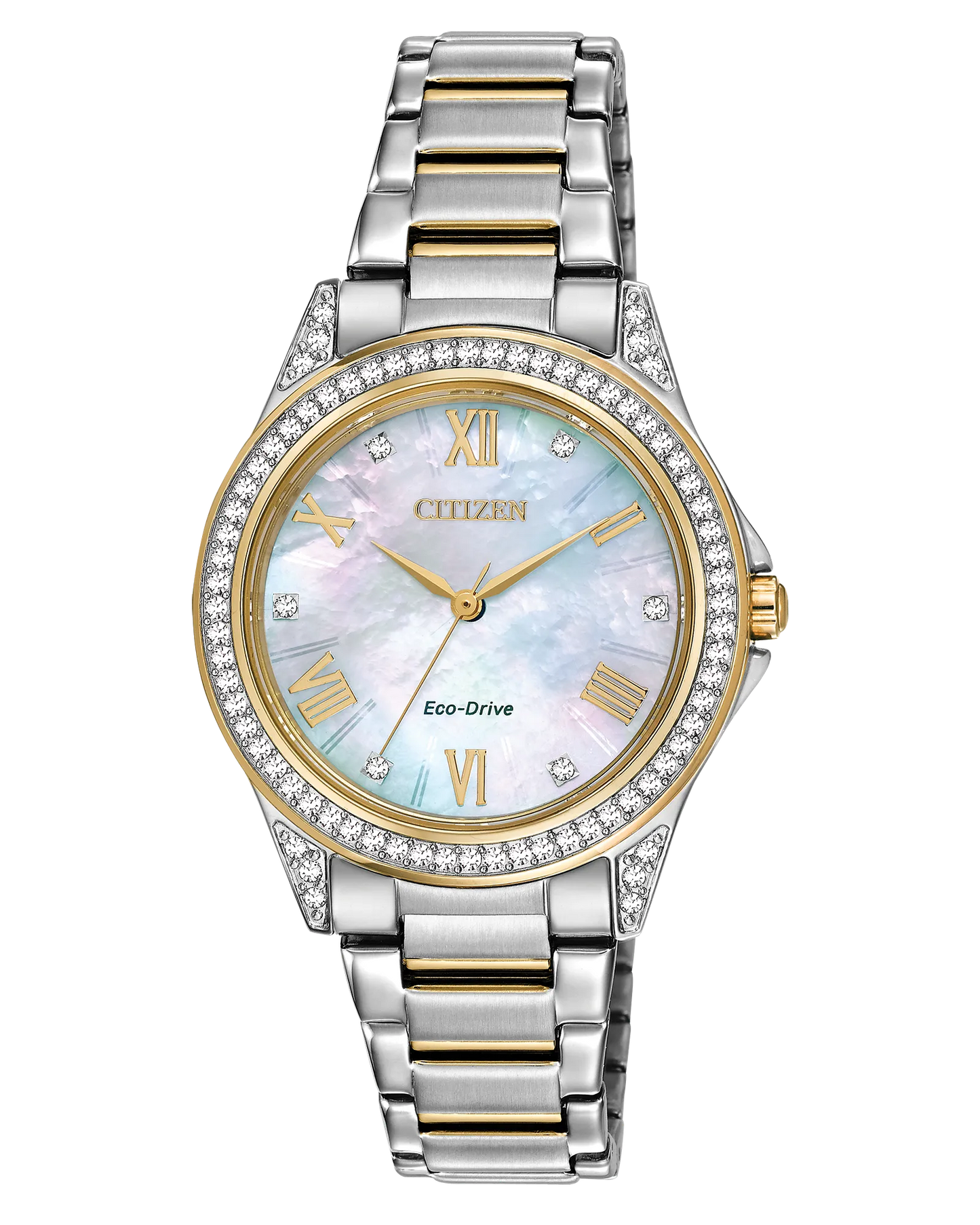 The Citizen Watch - Sport Casual - EM0234-59D features a two-tone stainless steel band, diamond-accented bezel, mother-of-pearl dial, gold Roman numerals, and crystal hour markers.