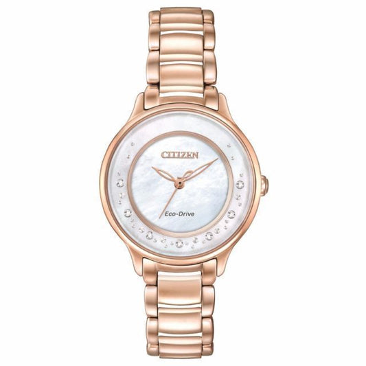 The Citizen Watch - Circle of Time EM0382-86D is a rose gold stainless steel women’s watch with a mother-of-pearl dial, crystal hour markers, metal link band, and minimalist design with no numbers.