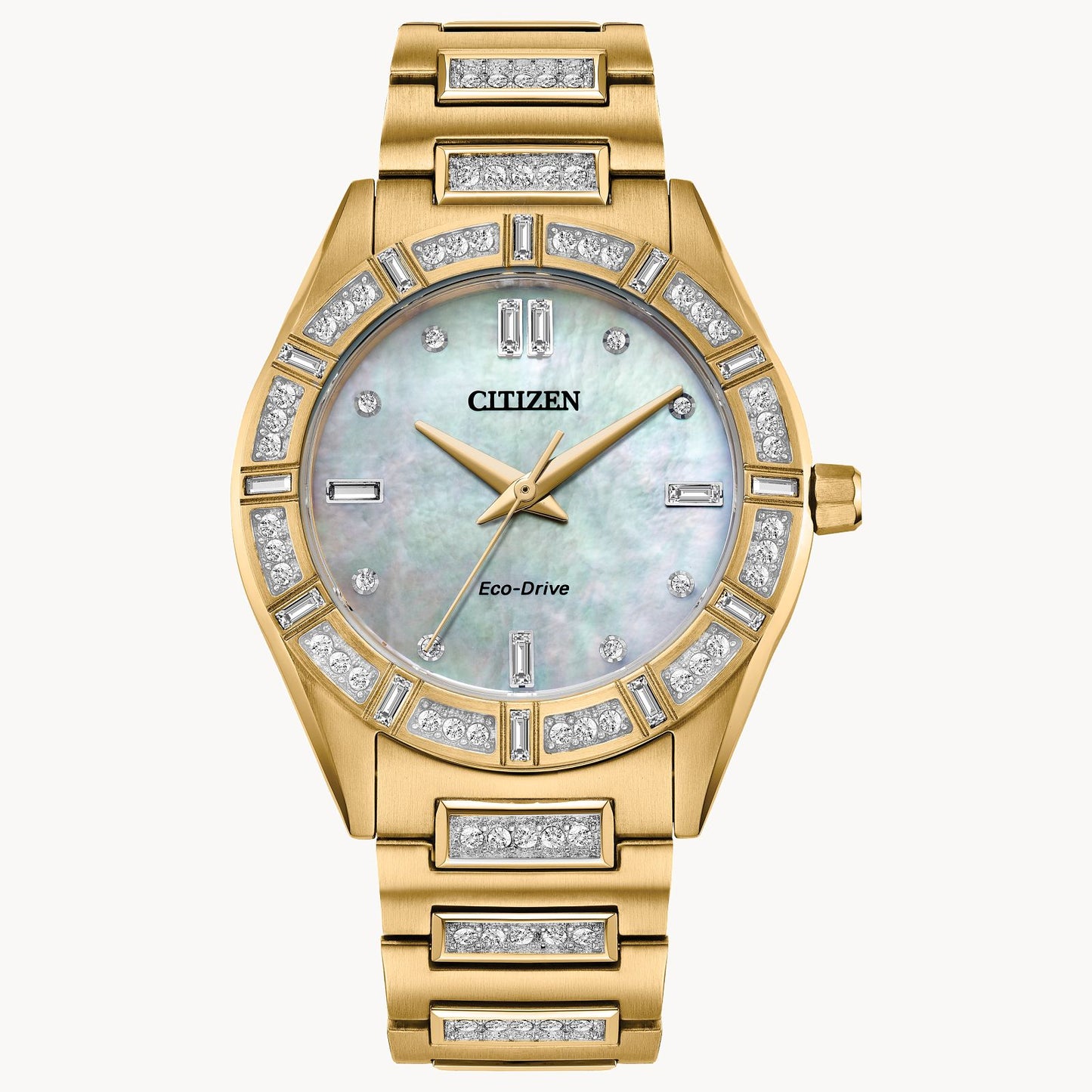 The Citizen Watch - Silhouette Crystal (EM1022-51D) is a gold-tone women's dress watch with a mother-of-pearl dial, crystal hour markers, and a sparkling stone-accented band and bezel.