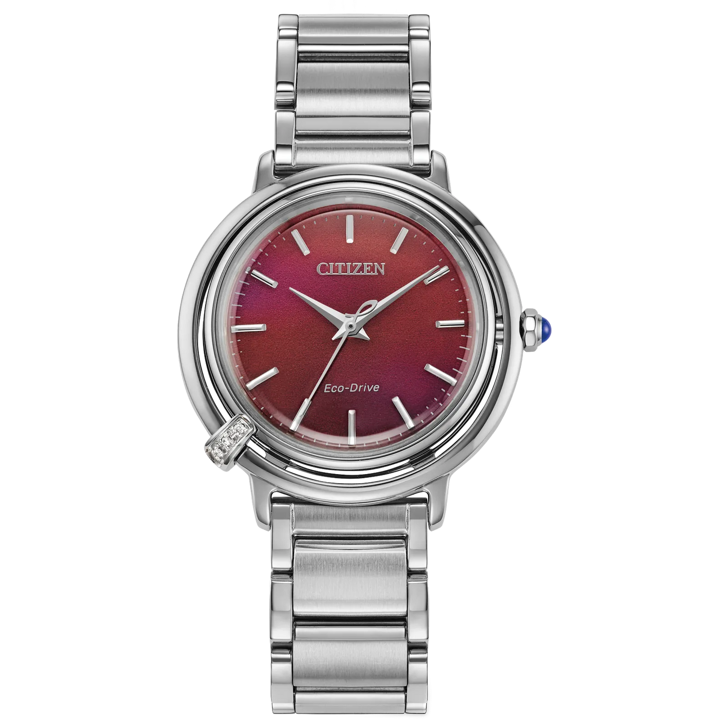 The Citizen Watch - L Arcly - EM1091-67X features a metallic silver link band, round red gradient dial, silver hour markers, and a decorative gem at 8 o’clock.