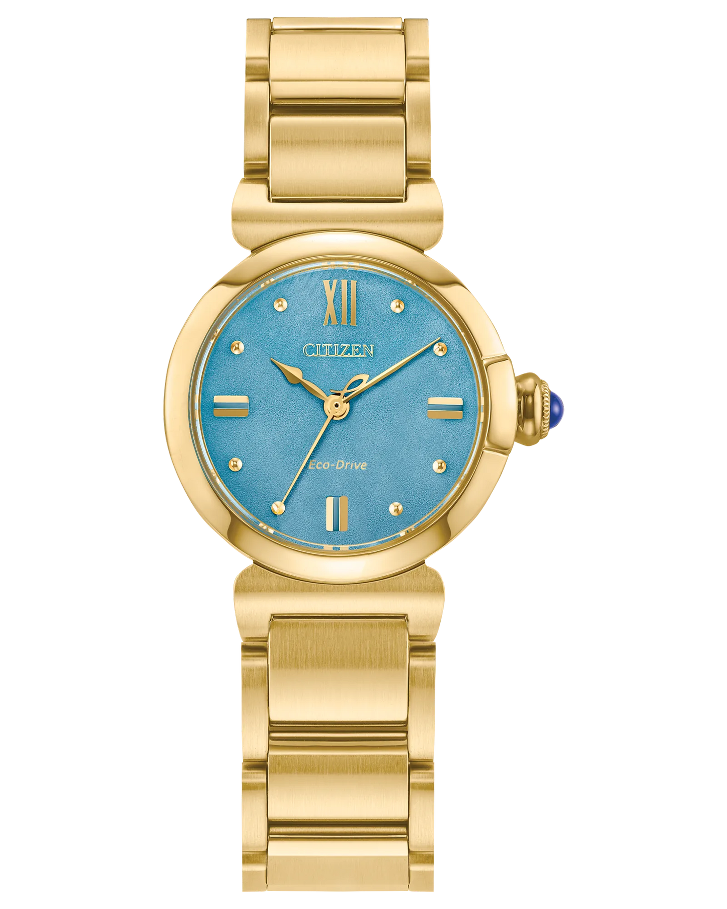 The Citizen L Mae (EM1133-85L) by Citizen is a gold Eco-Drive ladies’ watch with a turquoise blue face, gold hour markers, Roman numerals at 12 and 6, a gold metal band, and a small blue cabochon on the crown.