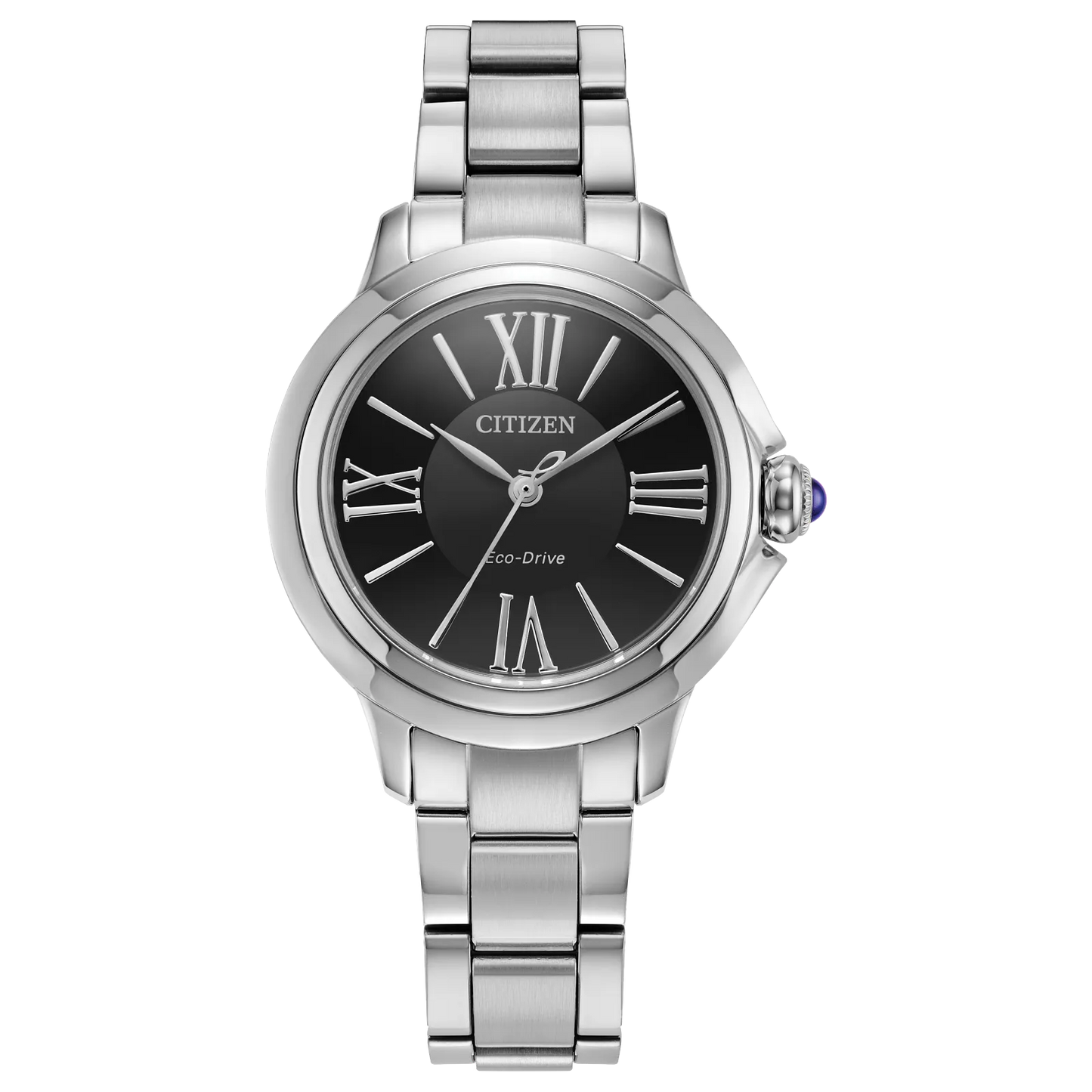 The Citizen Watch - Ceci - EM1160-58E features a silver-tone stainless steel case and band, black dial with silver Roman numerals, and is displayed against a plain white background.