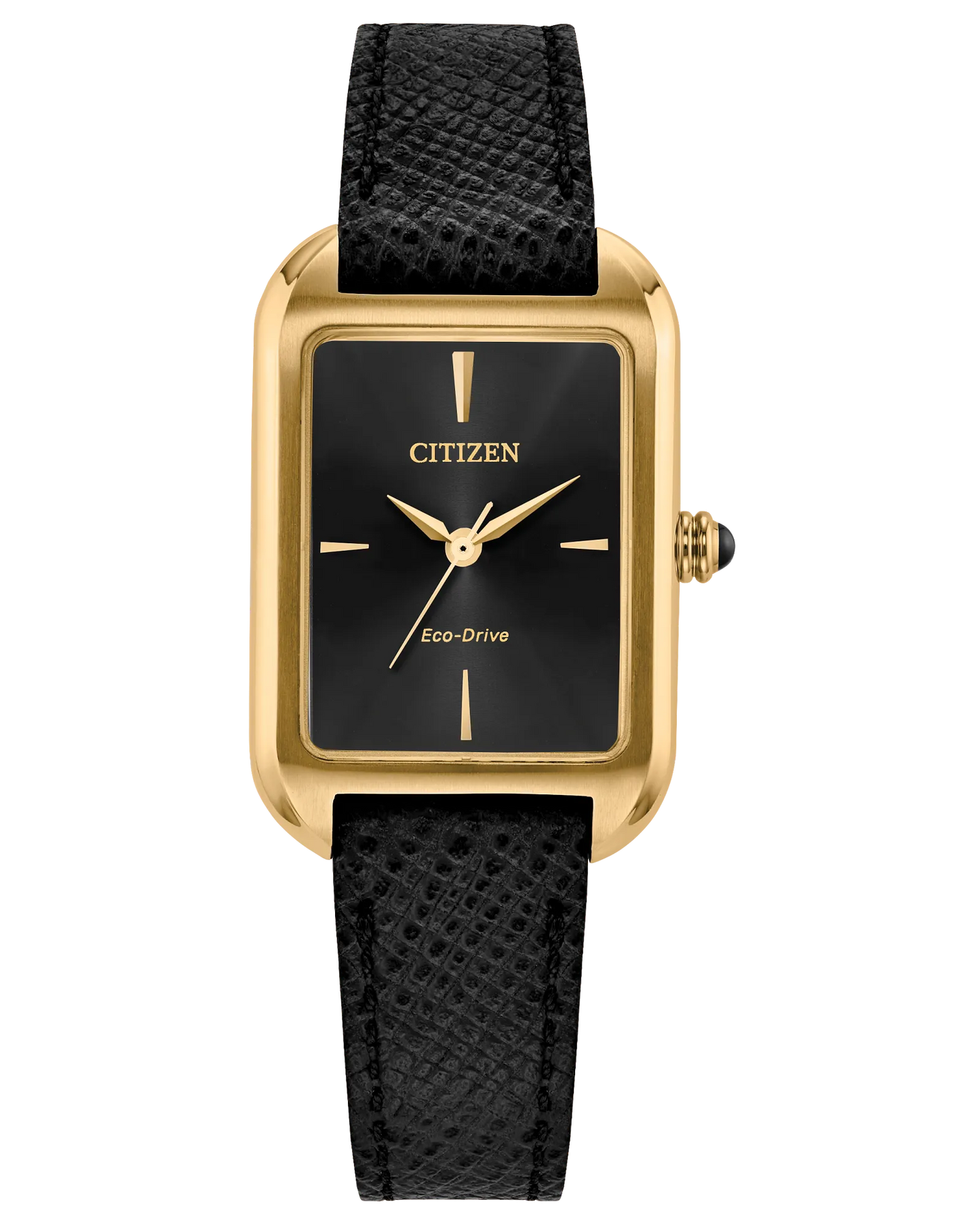 The Citizen Watch - Dress Classic - EM1192-01E features a rectangular gold-tone stainless steel case, black dial with gold accents, and a textured black leather strap.