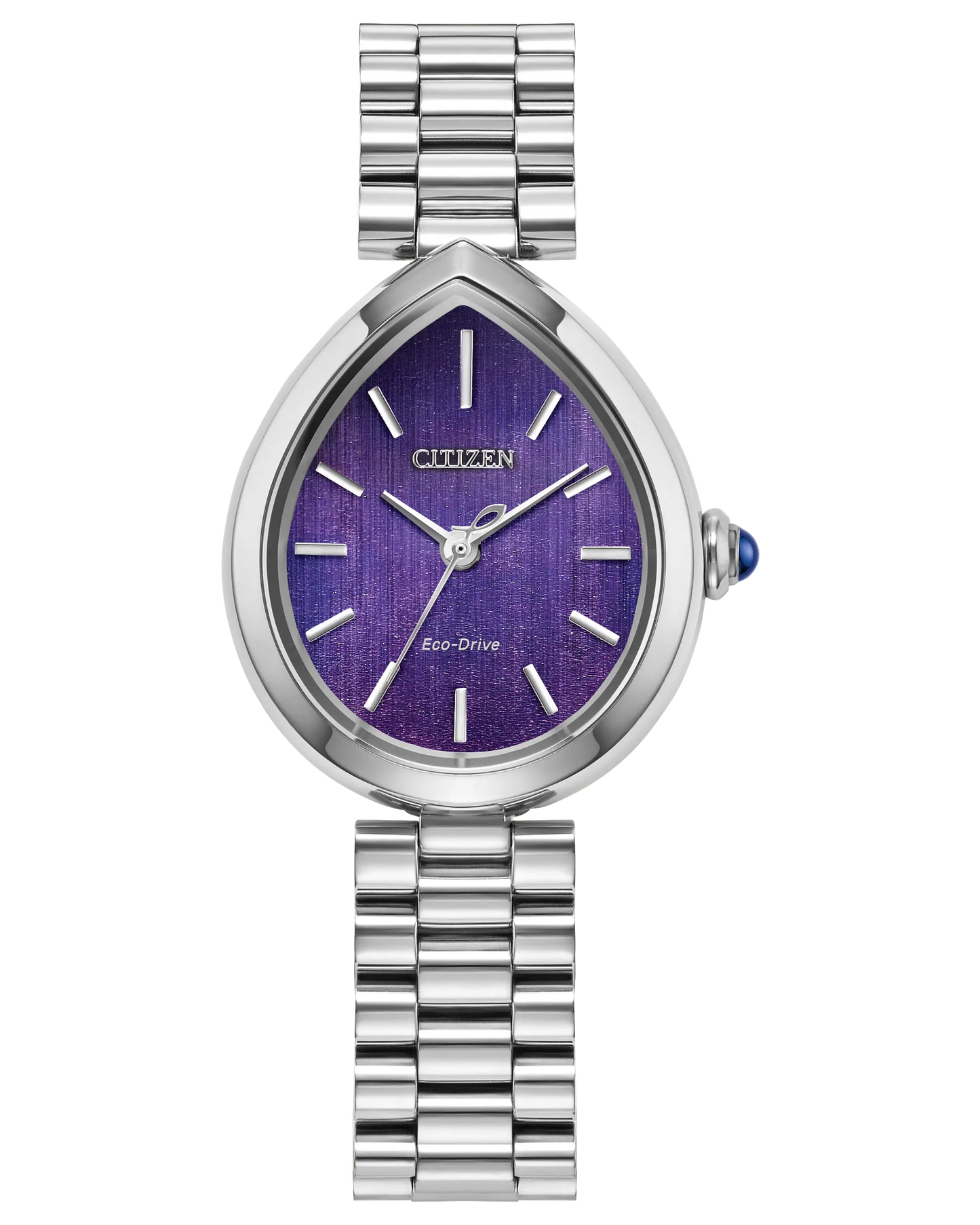 The Citizen L Rainell EM1200-55X by Citizen is a silver Eco-Drive watch with a teardrop case, metallic bracelet, purple textured face with silver markers and hands, sapphire crystal dial, and a blue-accented crown for an elegant finish.