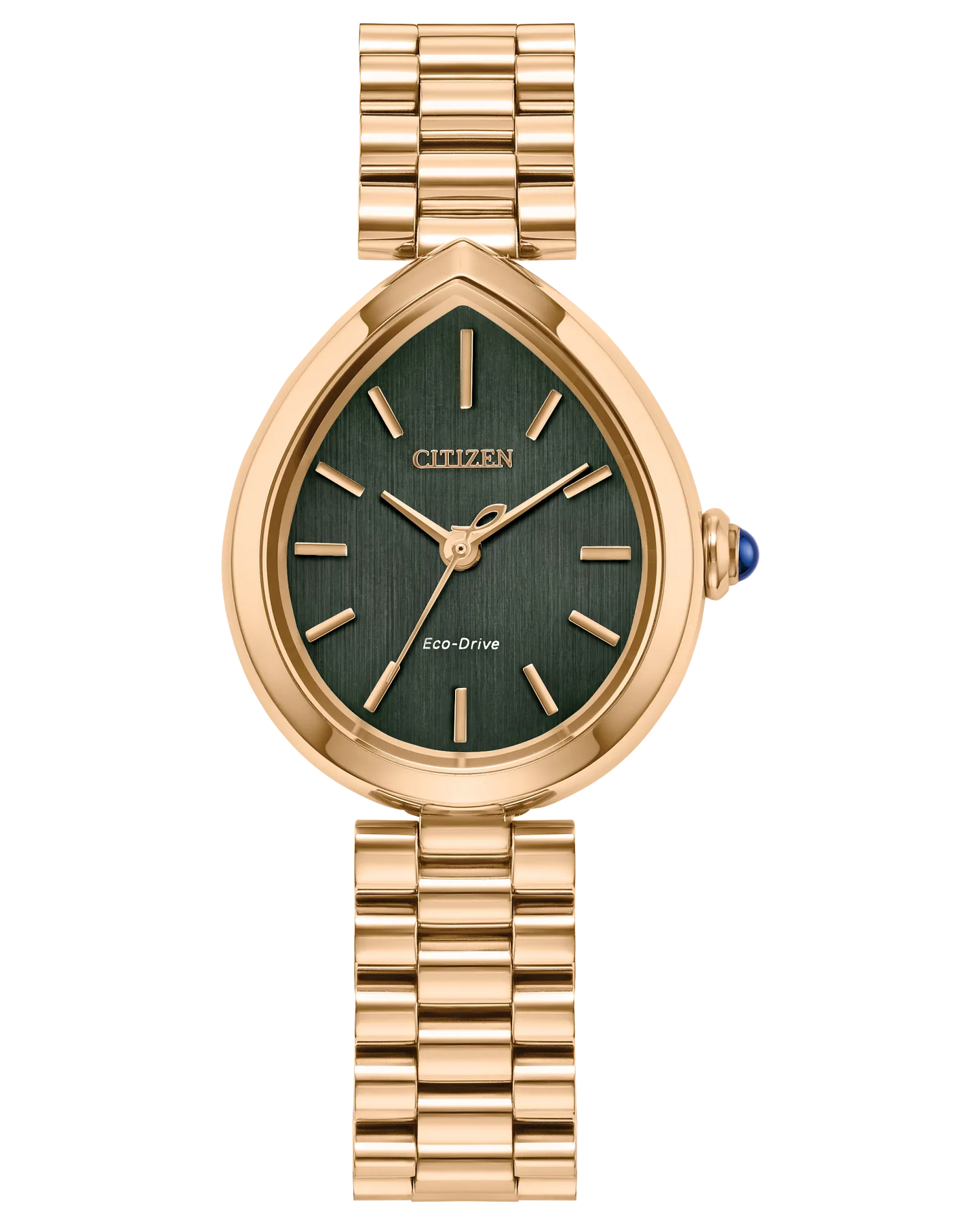 The Citizen L Rainell - EM1203-57X by Citizen features a gold teardrop-shaped case, green dial, gold markers and hands, gold metal link band, blue-detailed crown, and displays "Citizen" and "Eco-Drive" on the face.