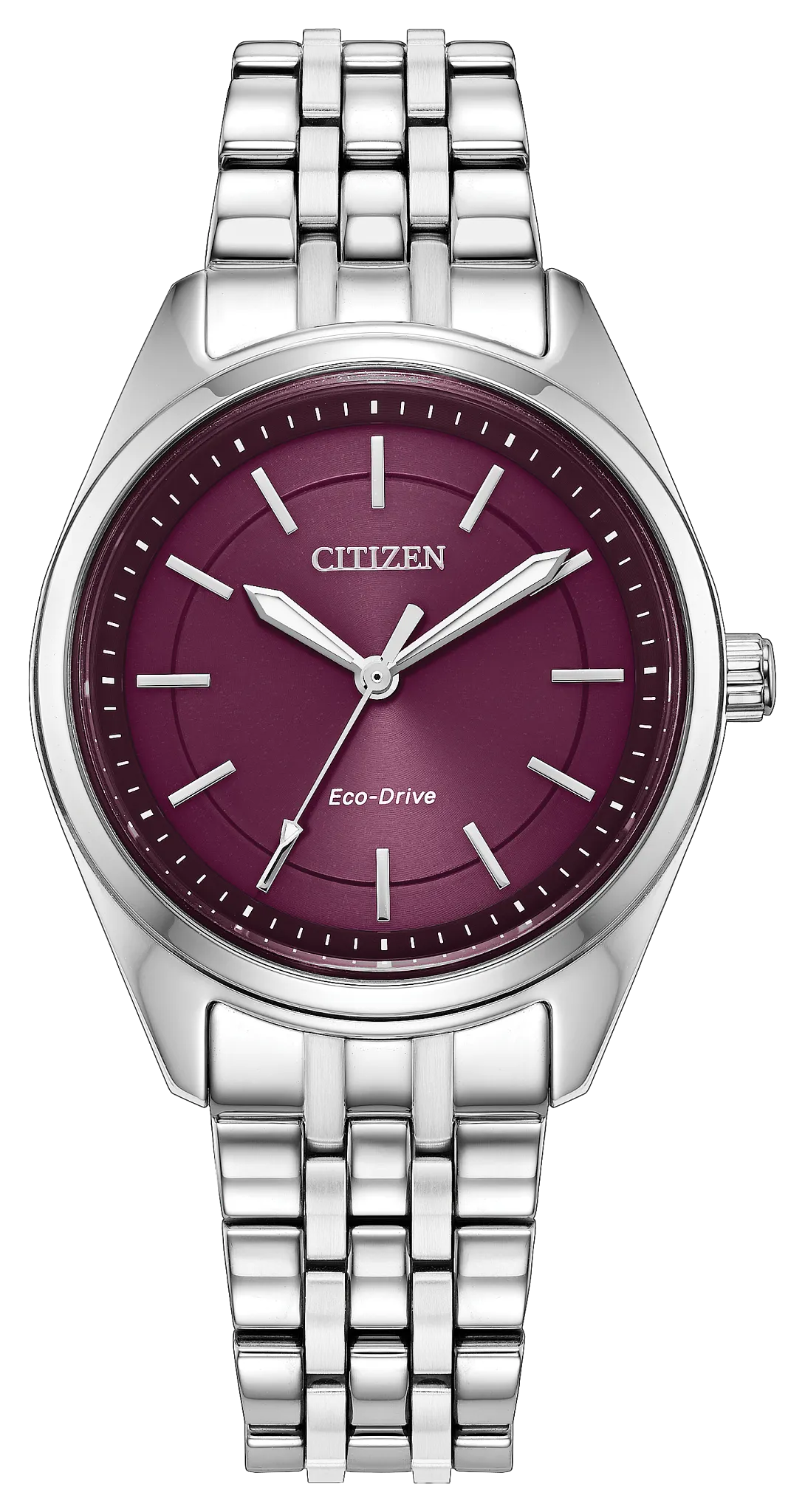 The Citizen Watch - Ladies’ Peyton - EM1230-54X by Citizen features a sleek silver-tone design with a metallic band and a striking deep purple dial adorned with silver hour markers and hands, making this sustainable Eco-Drive women’s watch an elegant fusion of style and eco-friendly innovation.