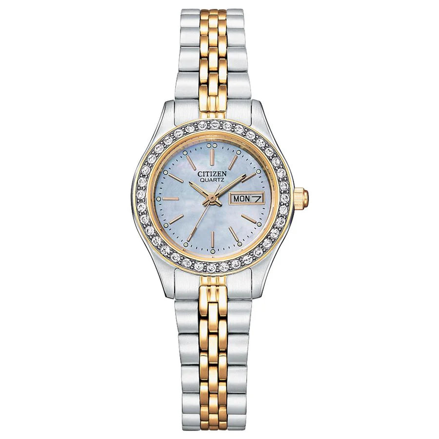 The Citizen Watch - Quartz - EQ0539-56Y by Citizen features a silver and gold two-tone band, round blue dial, gold hour markers, crystal bezel, and a day-date display at 3 o’clock.