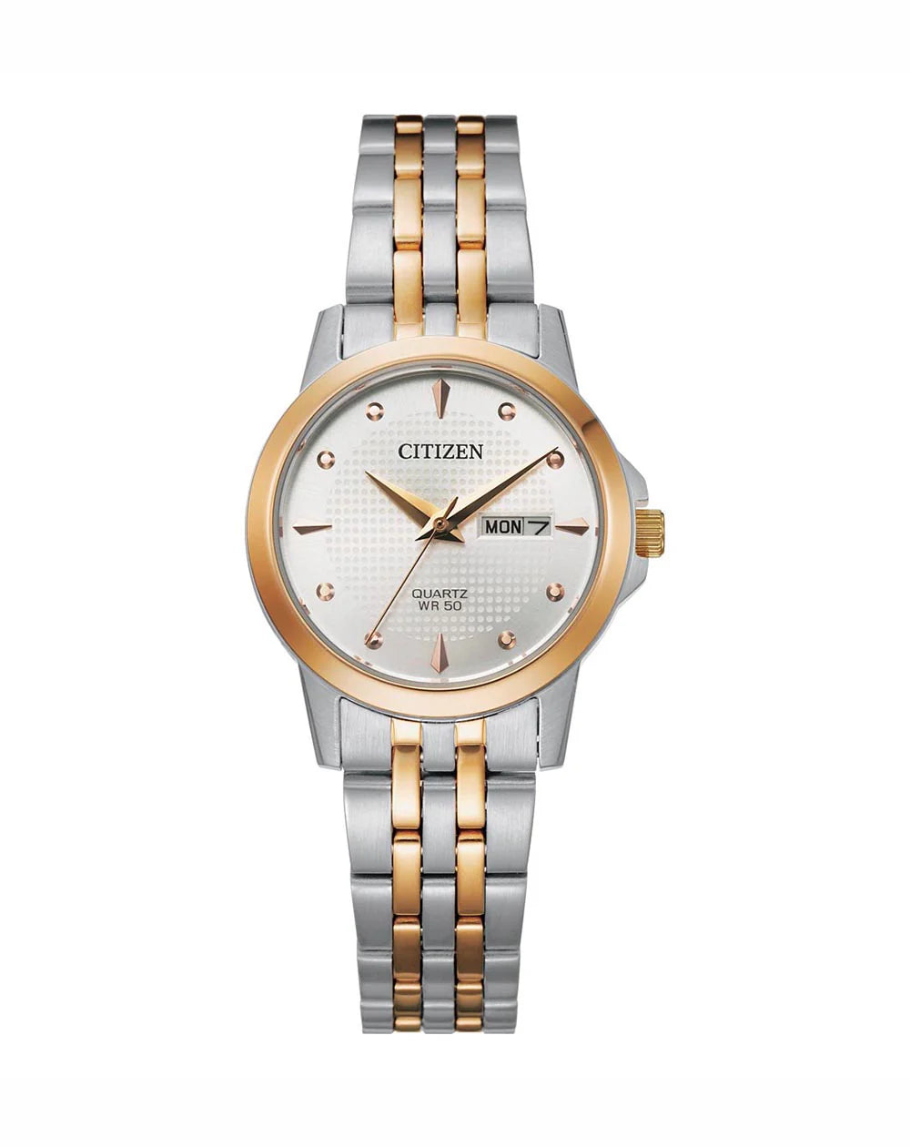 The Citizen Watch - Quartz - EQ0605-53A features a silver and gold stainless steel band, round white dial with gold markers and hands, plus day/date display for convenience.